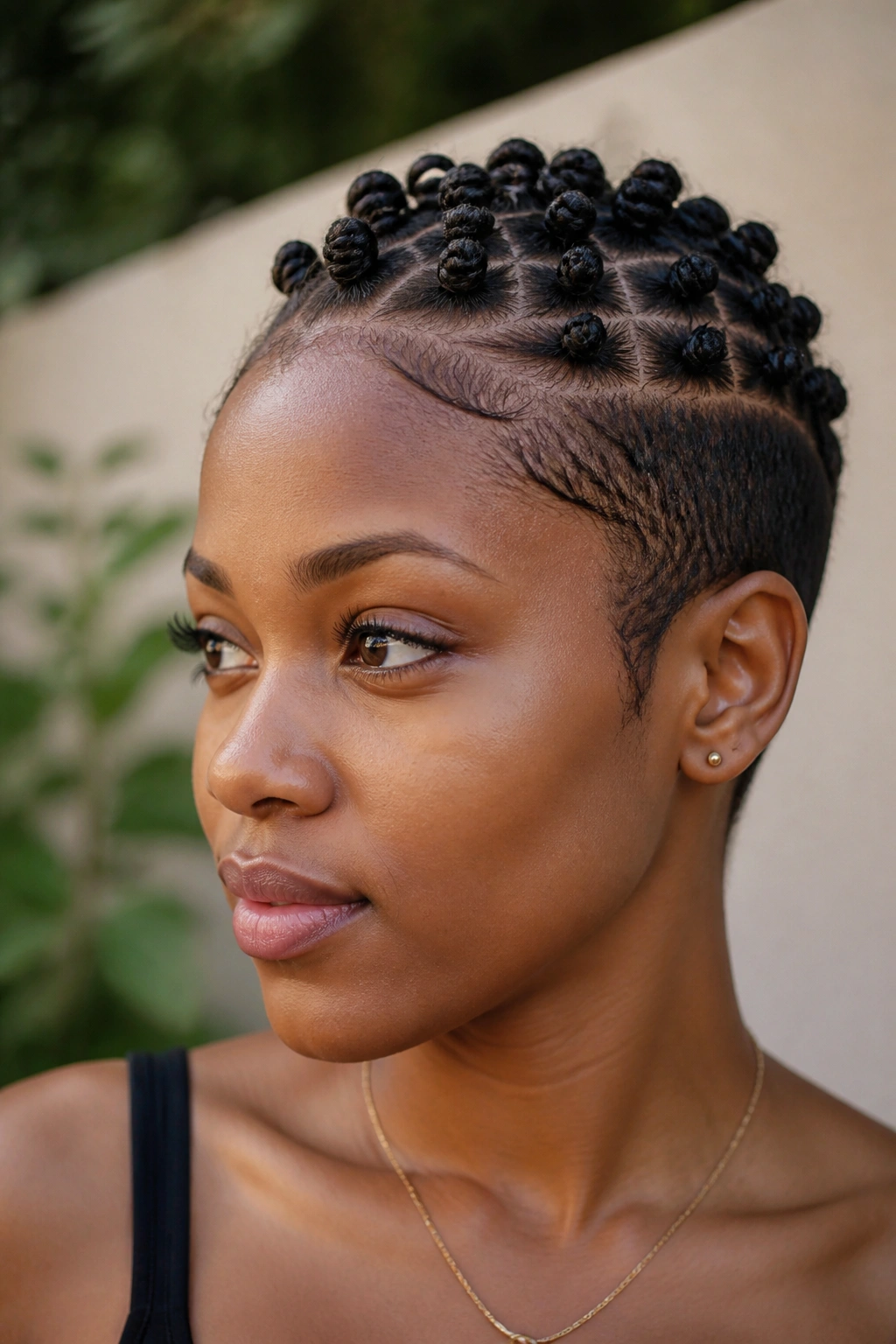 Close-up portrait of a real woman with a Bantu-knot-inspired braid pixie on top of head