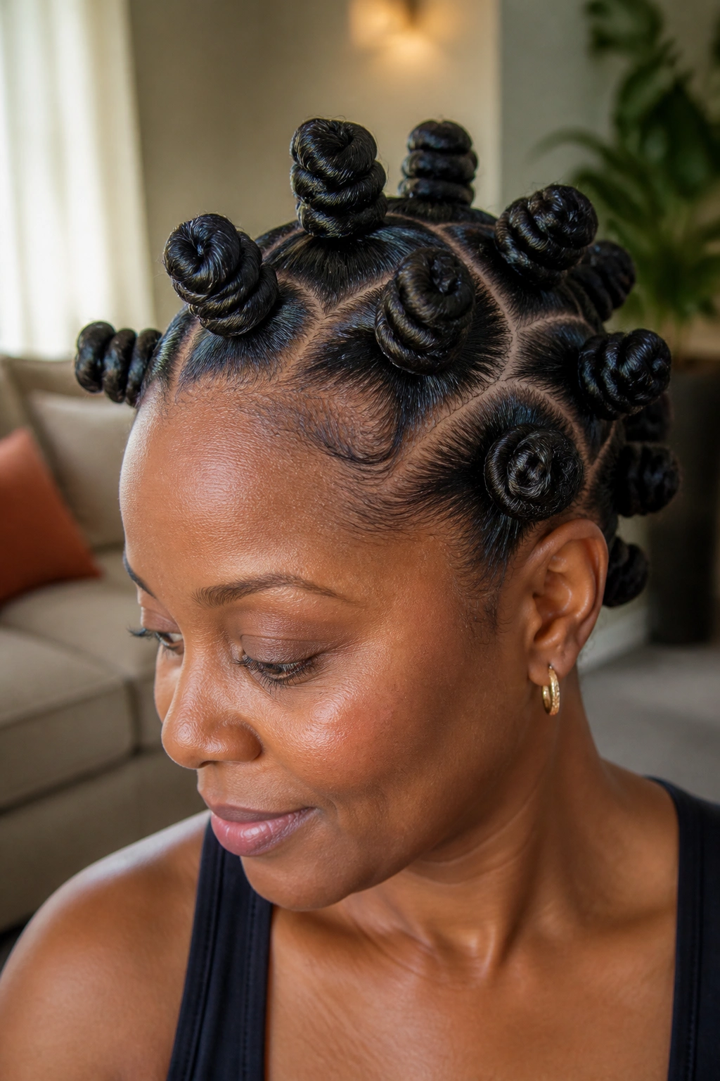 Close-up of a real woman with neatly arranged bantu knot set on her scalp