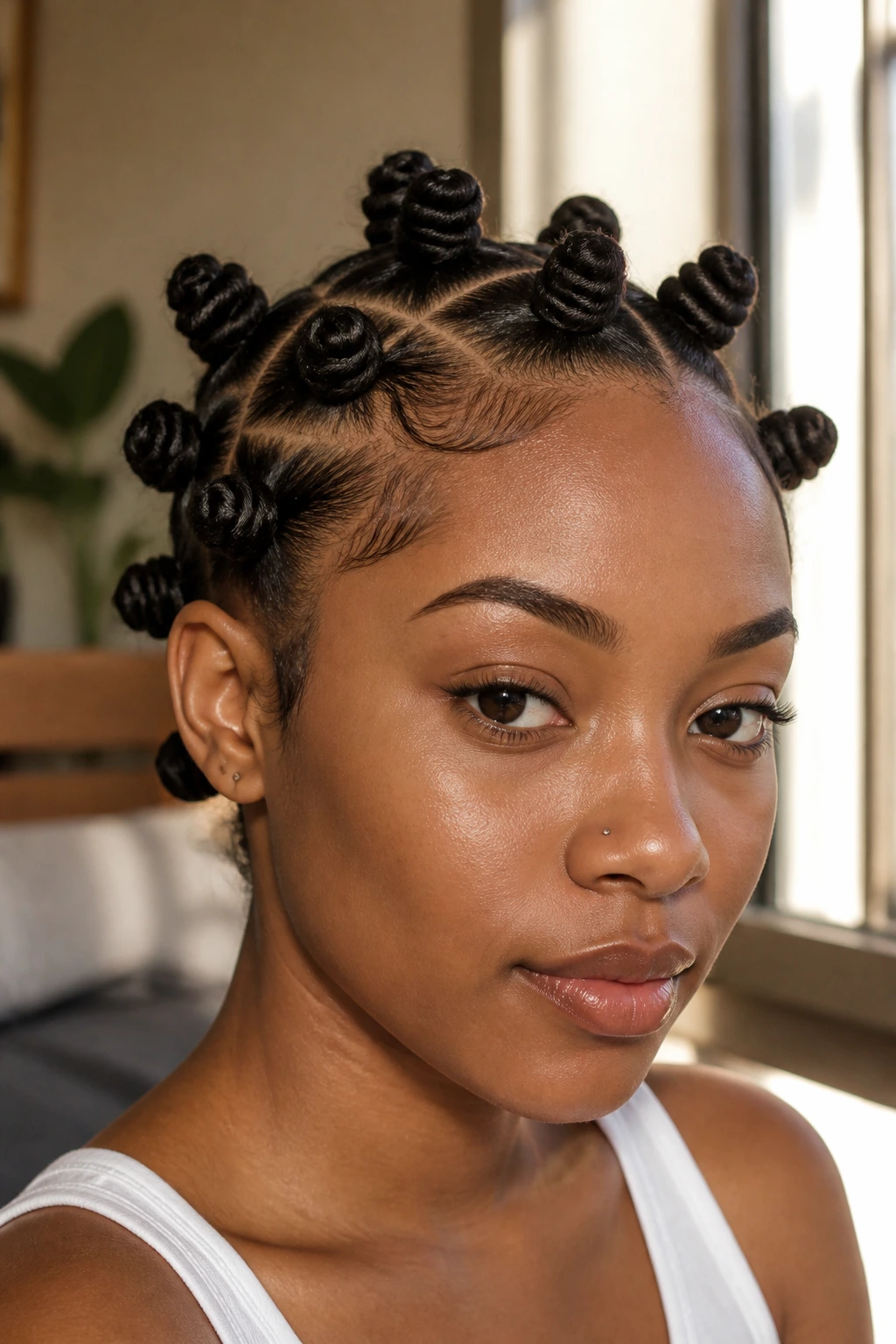 Close-up portrait of a real woman with Bantu Knots hairstyle across the scalp.