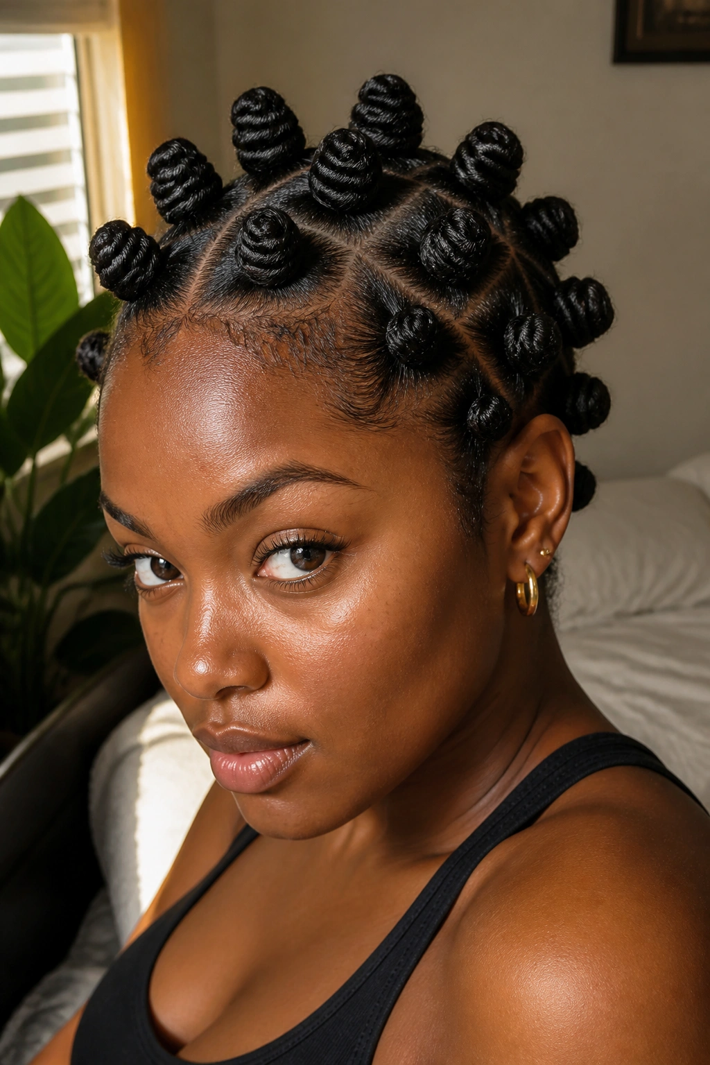 Close-up portrait of a real person with Classic All-Over Bantu Knots in a neat grid.