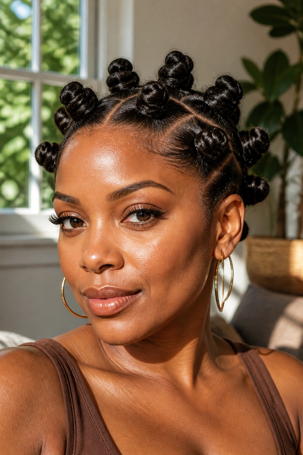 Close-up of a real woman with a Bantu knot set across crown and sides.