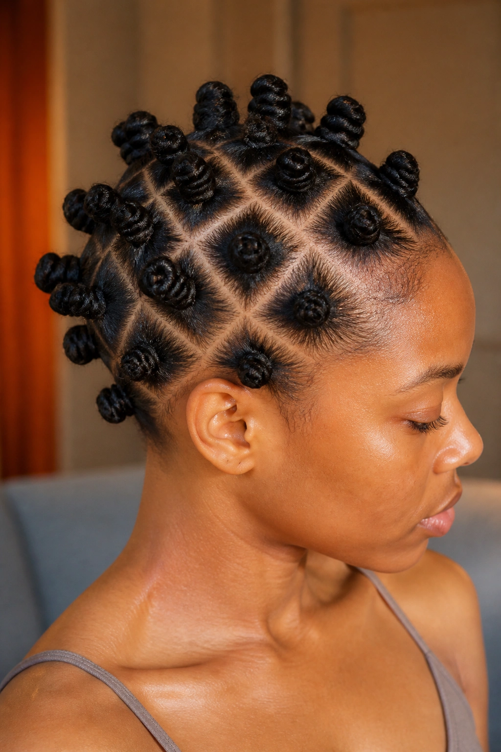 Close-up of a real person with Bantu knots across the scalp