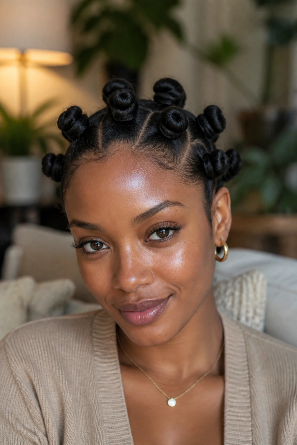 Close-up of a real person with neat Bantu knots across the scalp