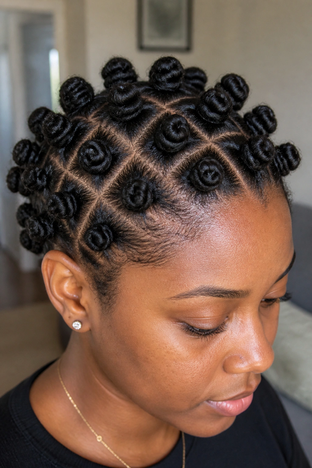 Close-up portrait of a person with neat Bantu knots on short hair.