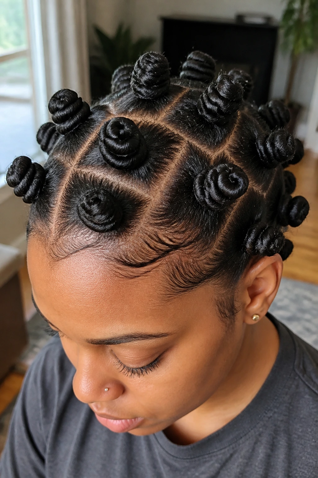 Close-up of real person with bantu knots across the head