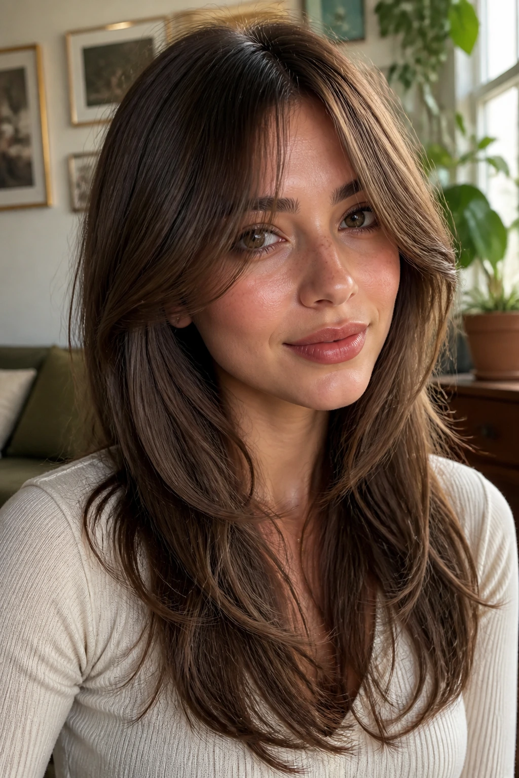 Close-up of a woman with long layers and Bardot bangs by a sunlit window