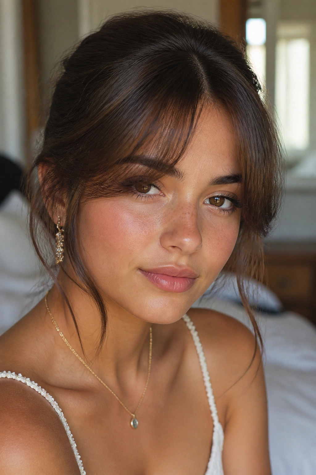 Close-up portrait of a real woman with Bardot-inspired bangs in soft window light