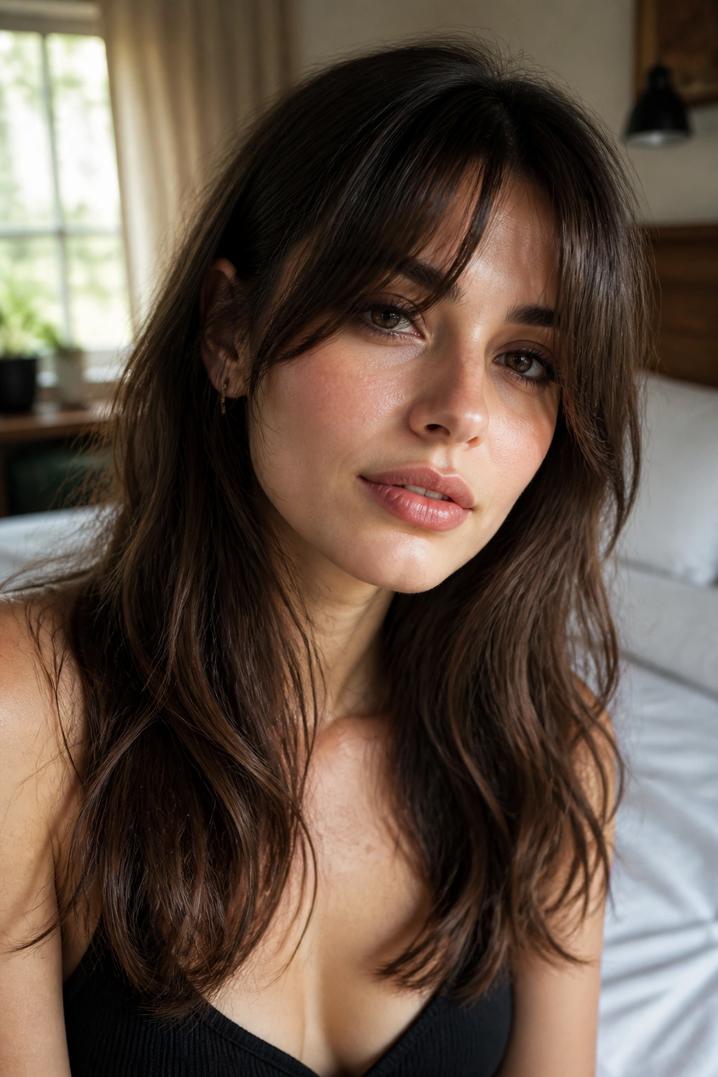 Close-up portrait of a real woman with Bardot bangs and soft split.