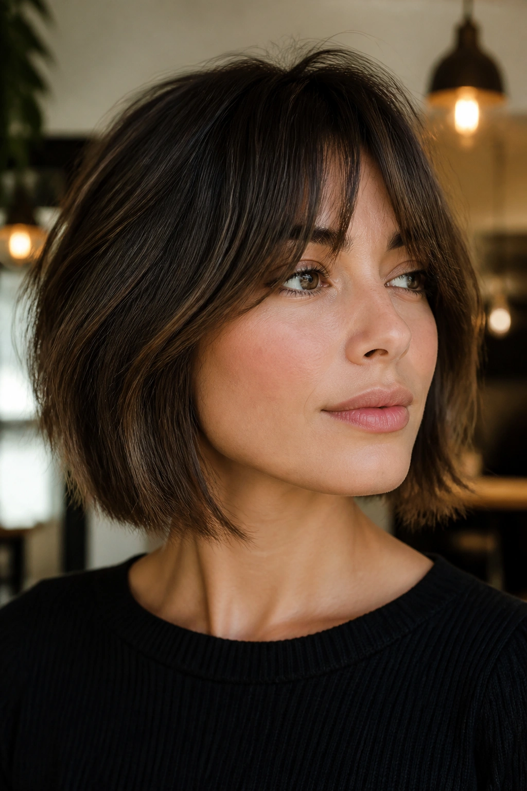 Portrait of a real person with Bardot bangs grazing the square jaw in soft light