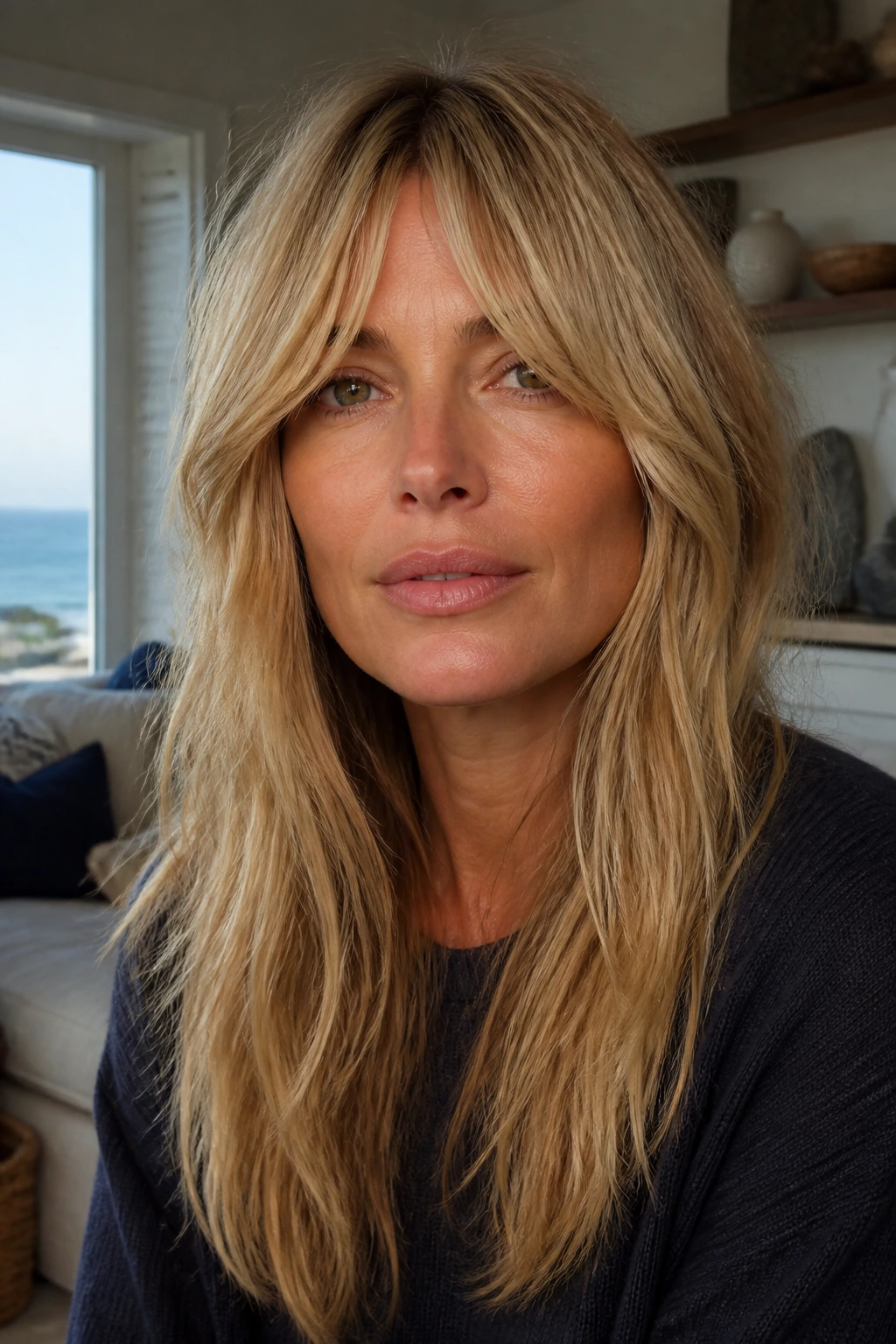 Close-up portrait of a woman with Bardot-inspired shag bangs in natural light