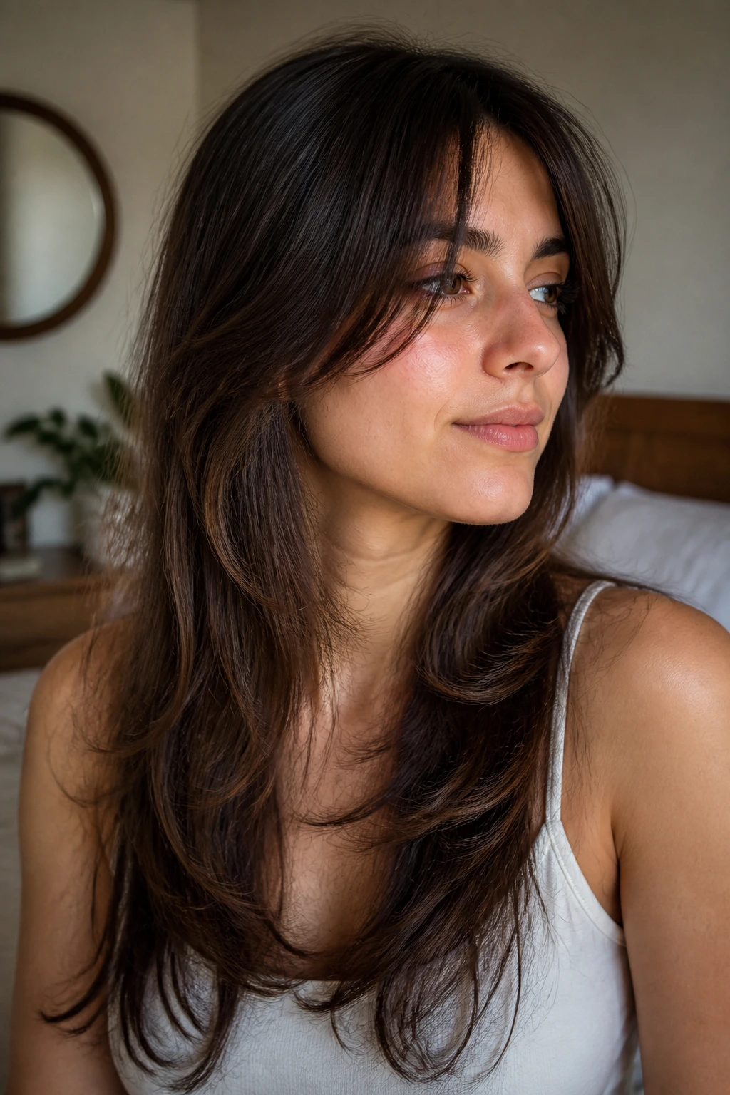 Close-up portrait of a real woman with barely-there butterfly wolf cut in a cozy bedroom