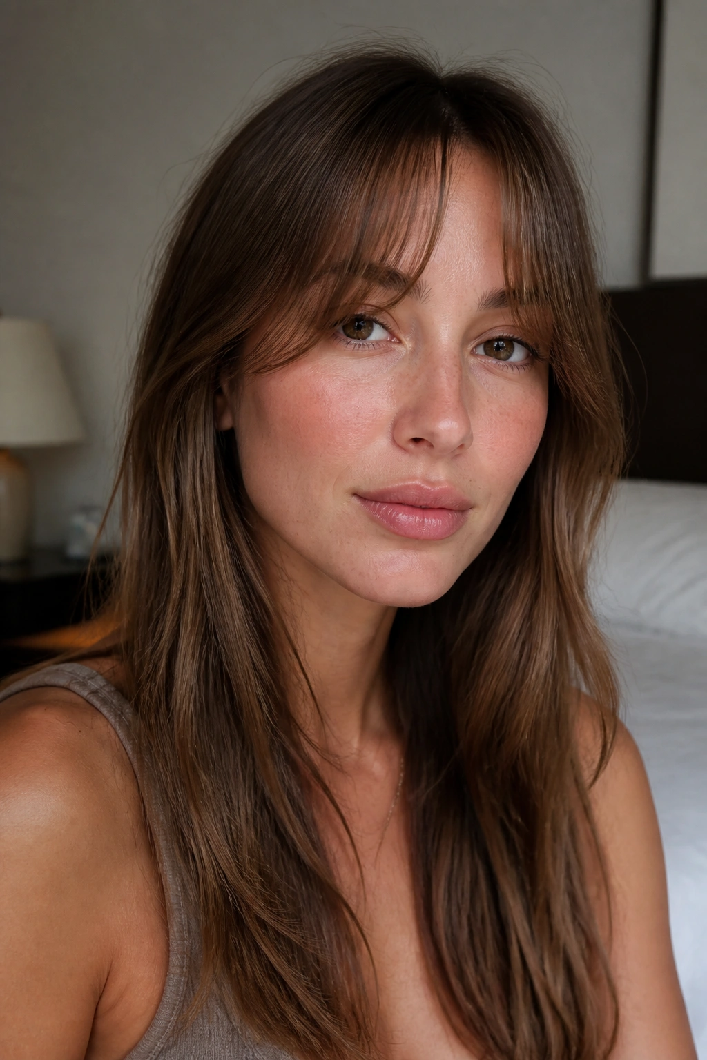 Close-up of a real person with barely-there curtain bangs