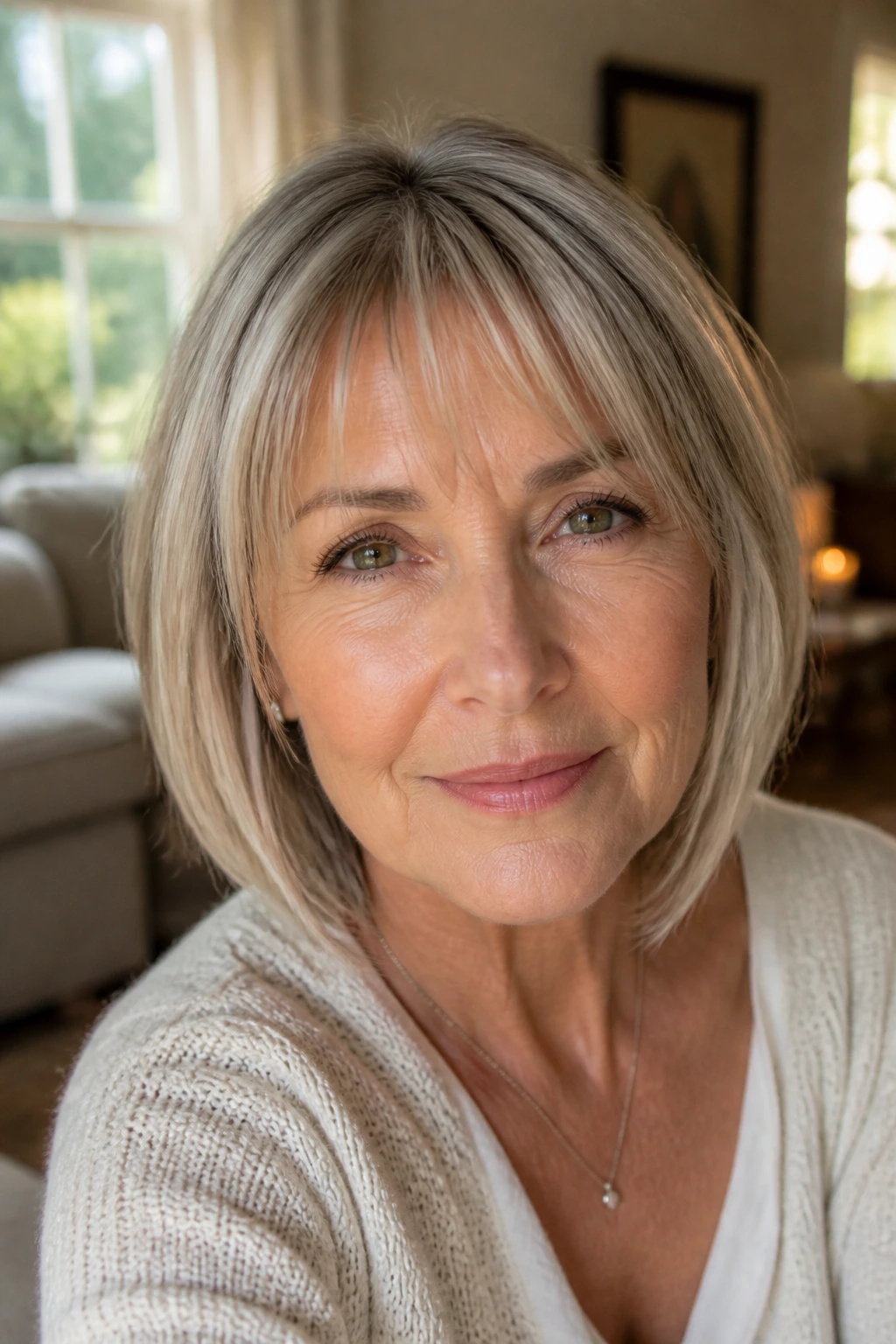 Close-up of a real woman with barely-there fringe in a cozy room