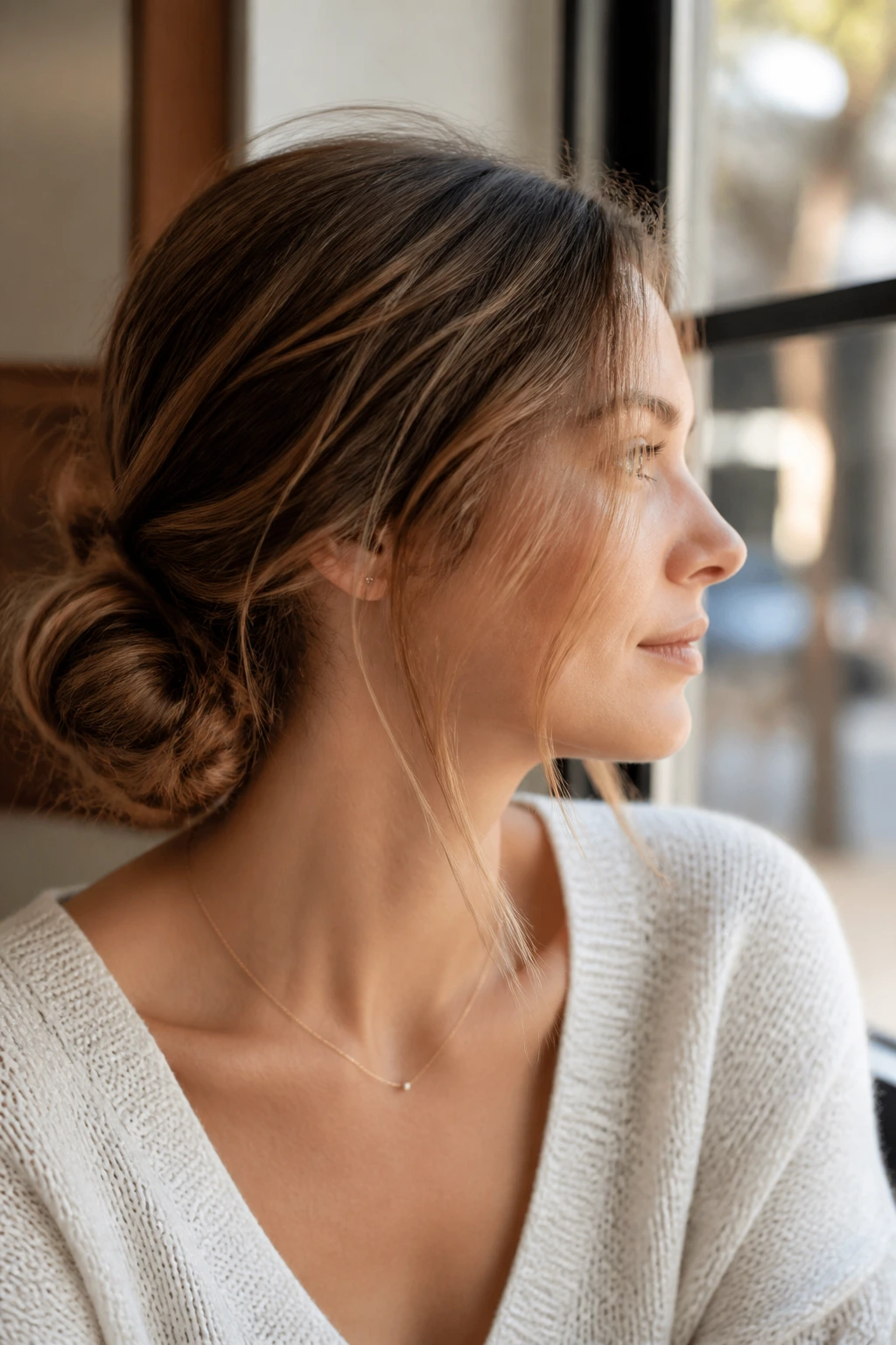 Close-up of real woman with barely-there low side bun and wispy cheek hairs