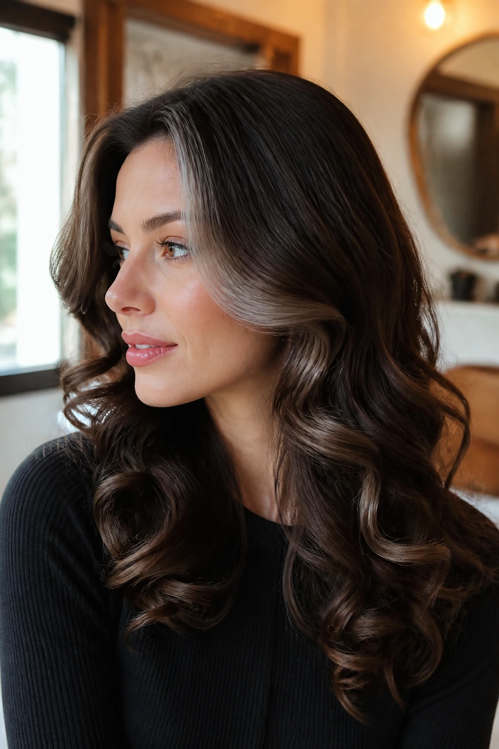 Close-up of a real woman with soft barrel curls and a subtle ash stripe on dark brown hair