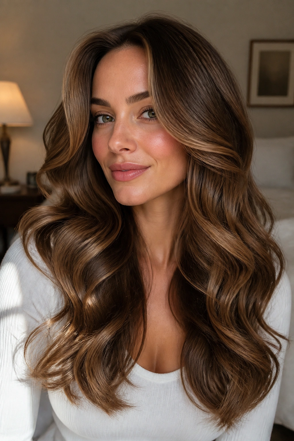Close-up portrait of a real woman with large barrel curls for long hair in warm bedroom light