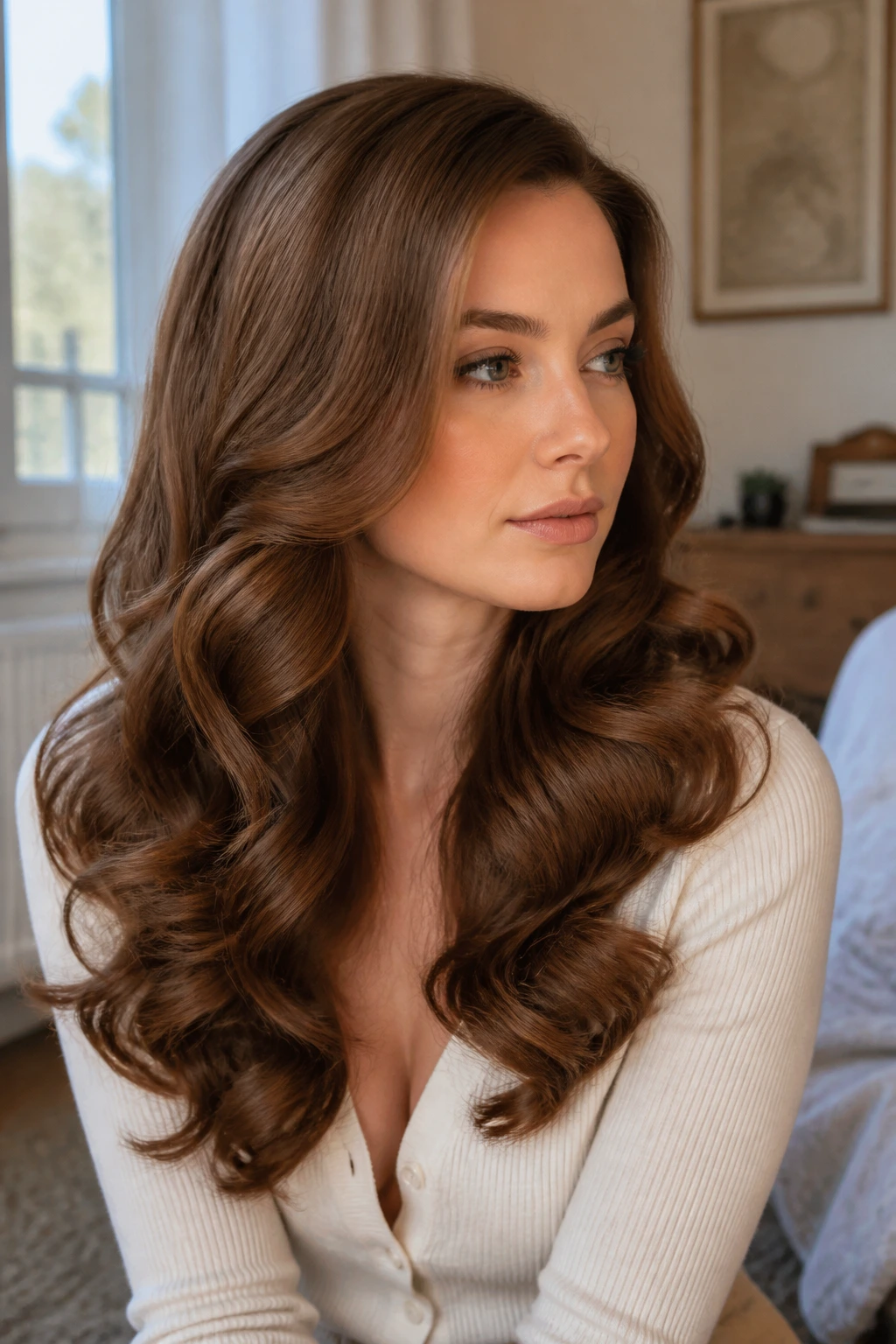 Woman with barrel curls in a soft, natural-lit setting.