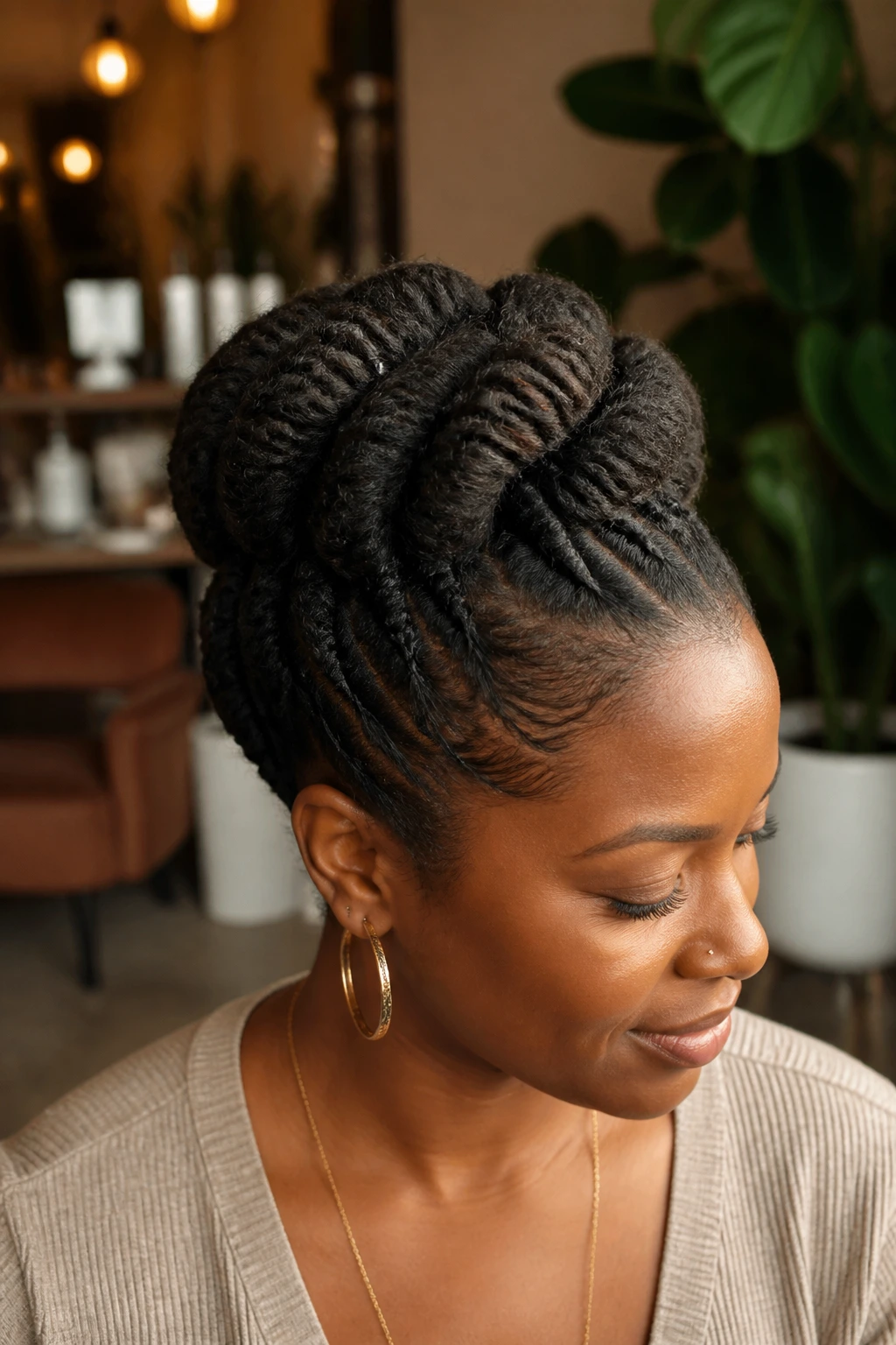 Real woman with crown barrel rolls in a tension-free updo