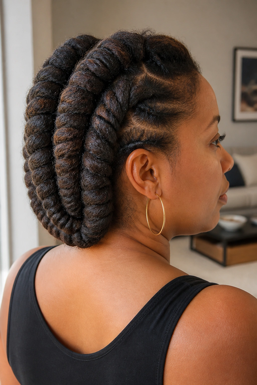 Three-quarter view of a real woman with barrel rolls along the back of the head.