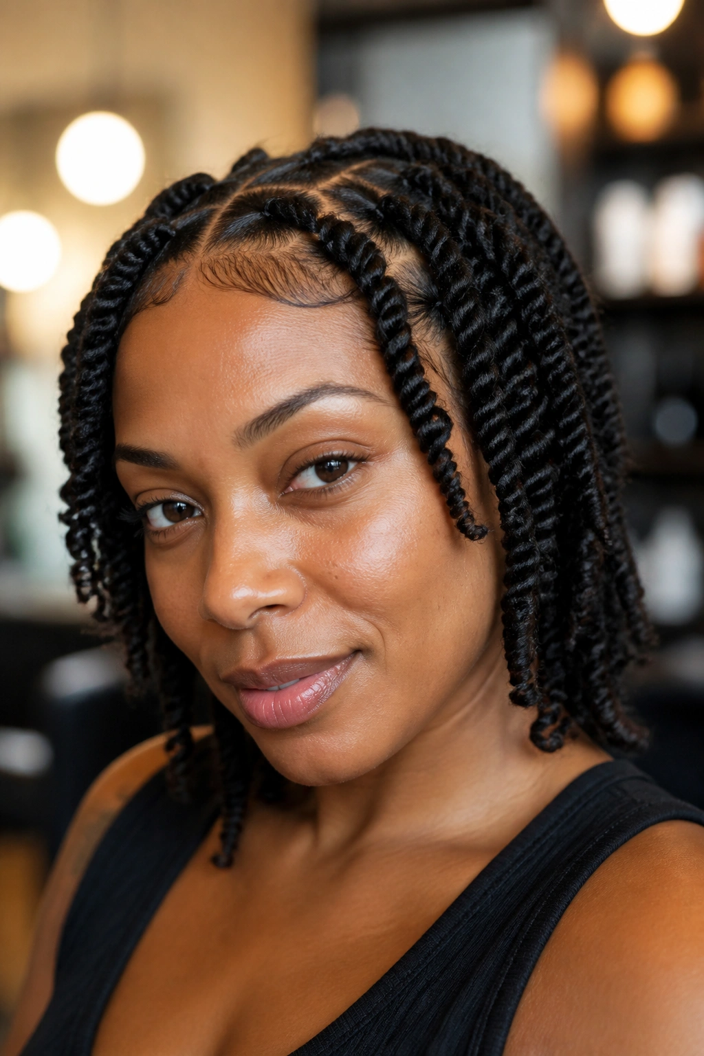 Close-up of a woman with barrel twists along the hairline