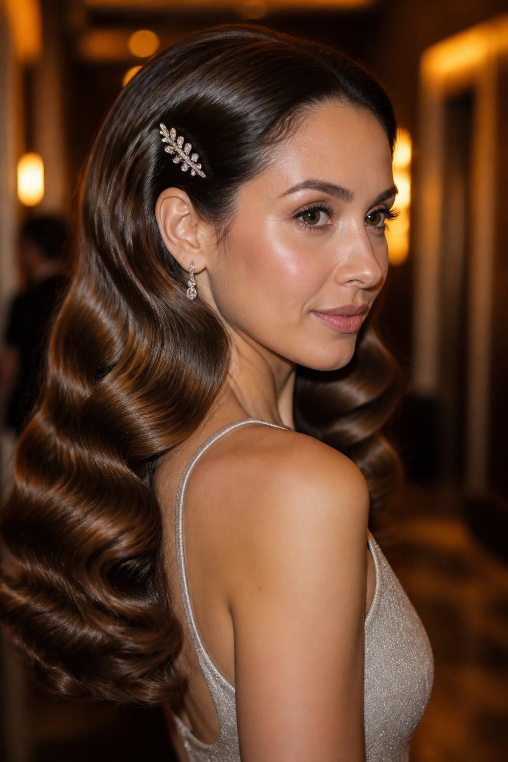 Close-up of a real woman with barreled waves and a decorative pin above the ear