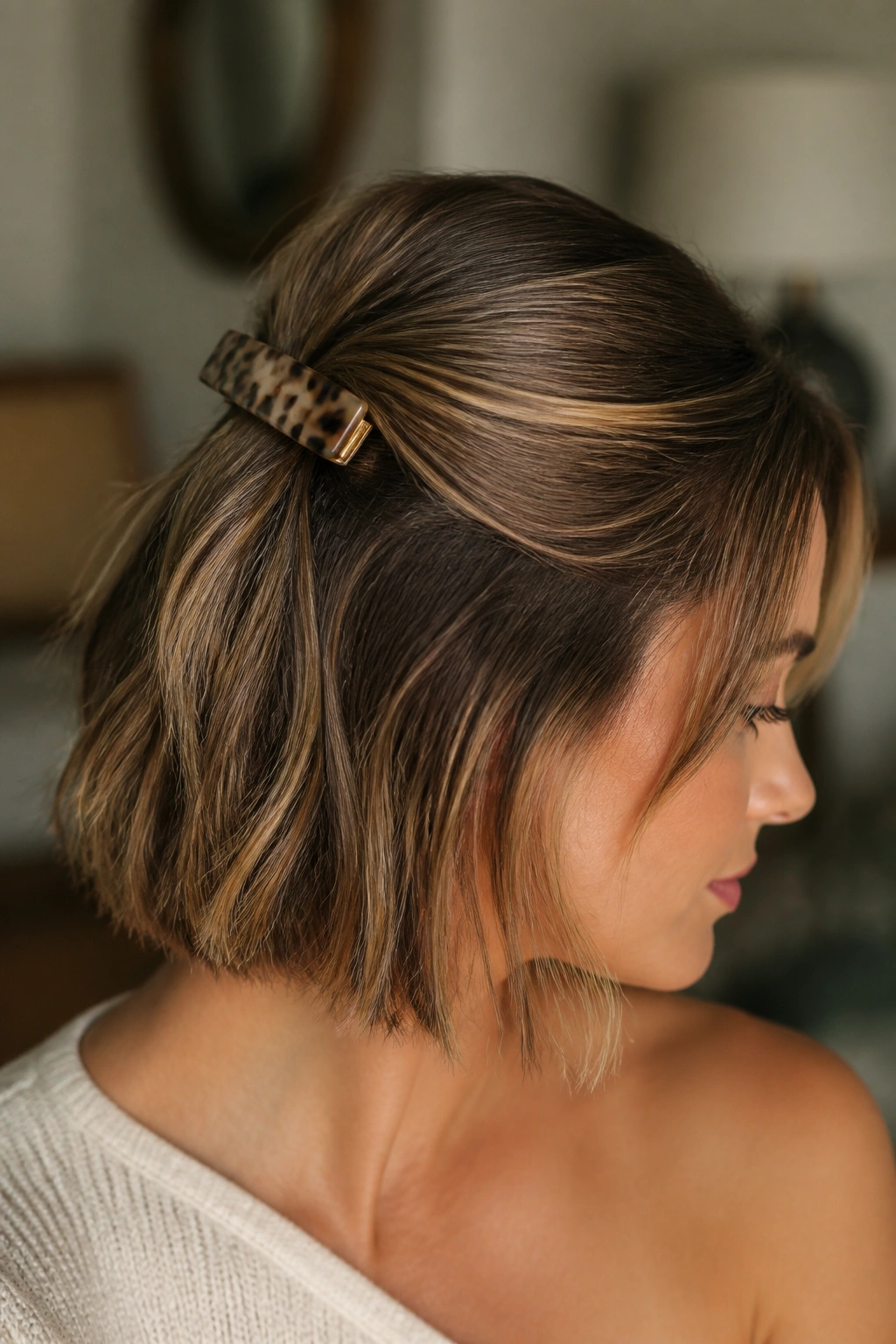 Close-up of a real woman's head with a flat-back barrette securing half-up hair
