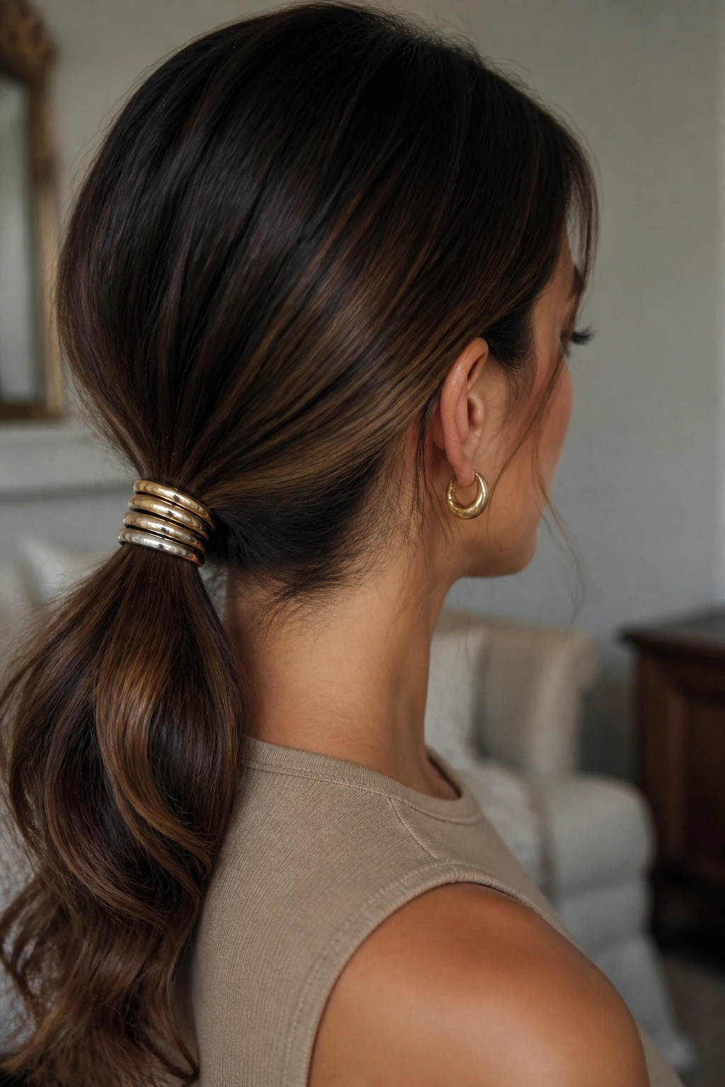 Portrait of a real person wearing a low ponytail with barrettes stacked along the elastic.