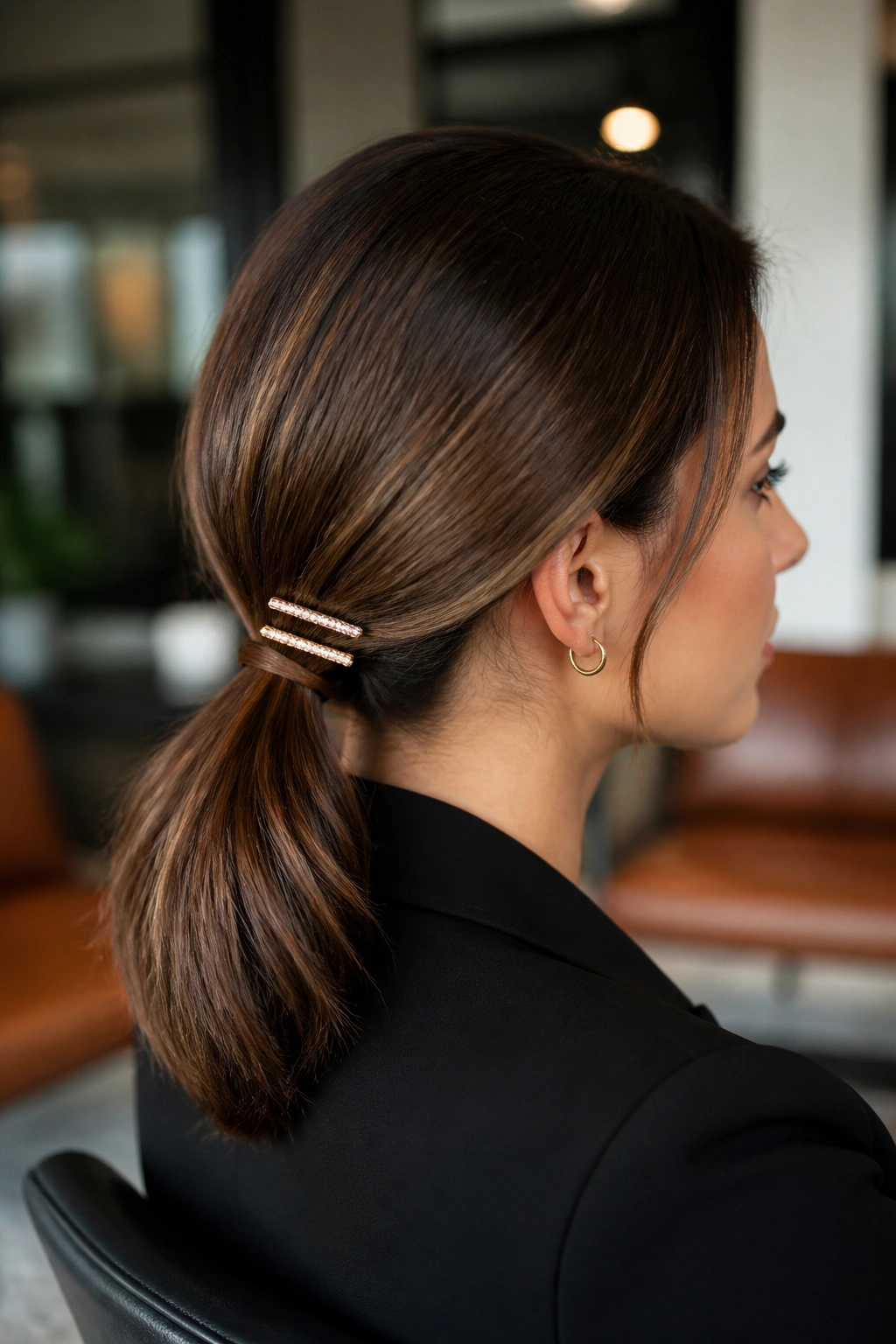 Close-up portrait of a woman with a low ponytail and two slim barrettes