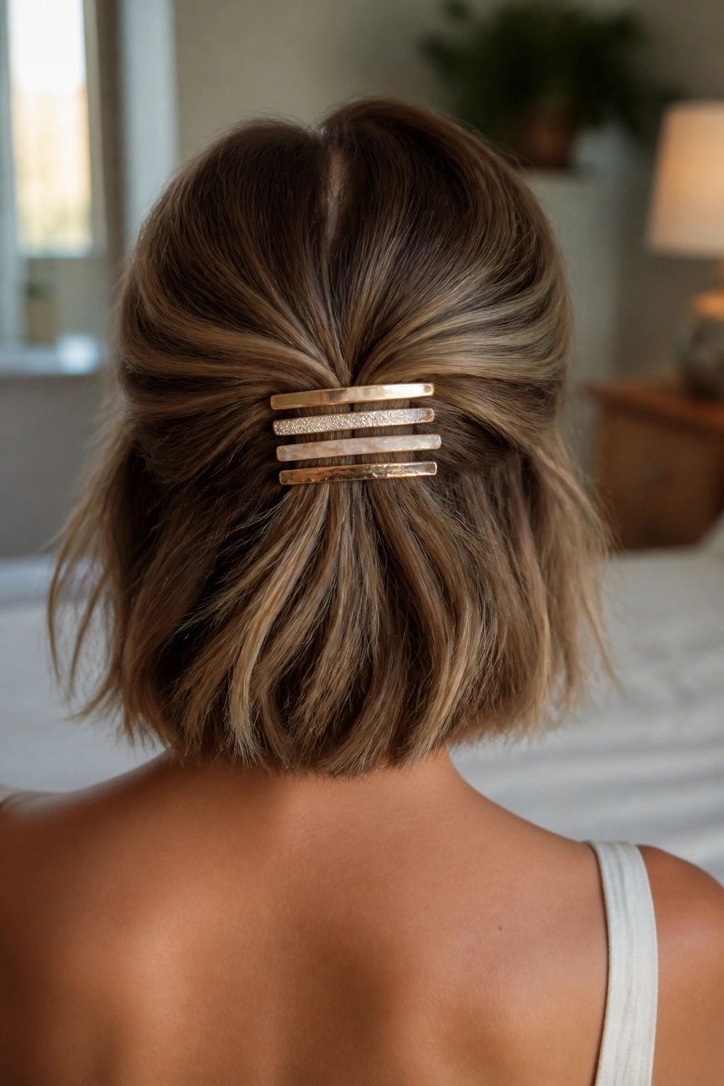 Back view of a real person showing barrettes stacked across the back of short hair