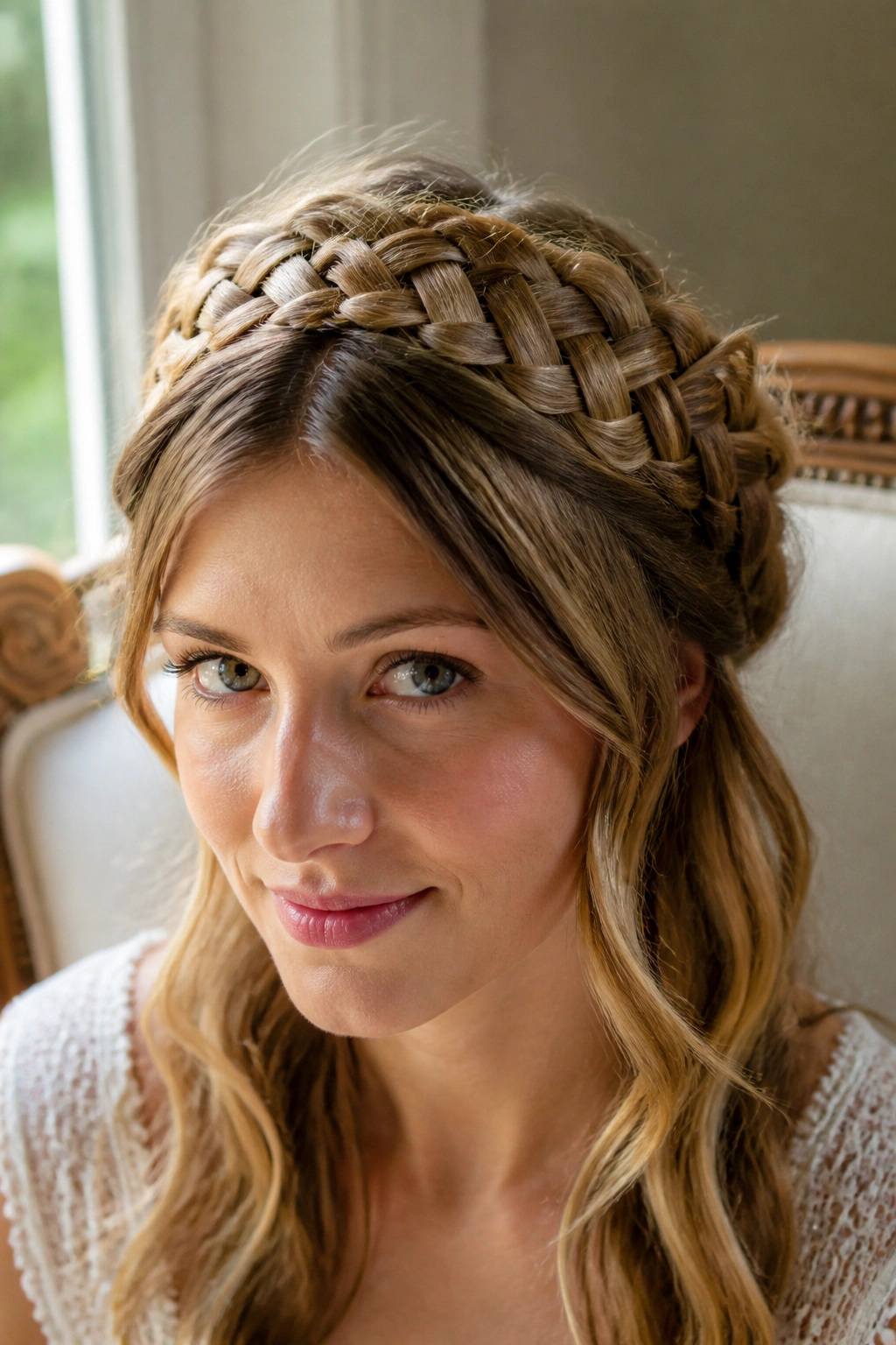 Close-up of a real woman wearing a braided crown around the head.