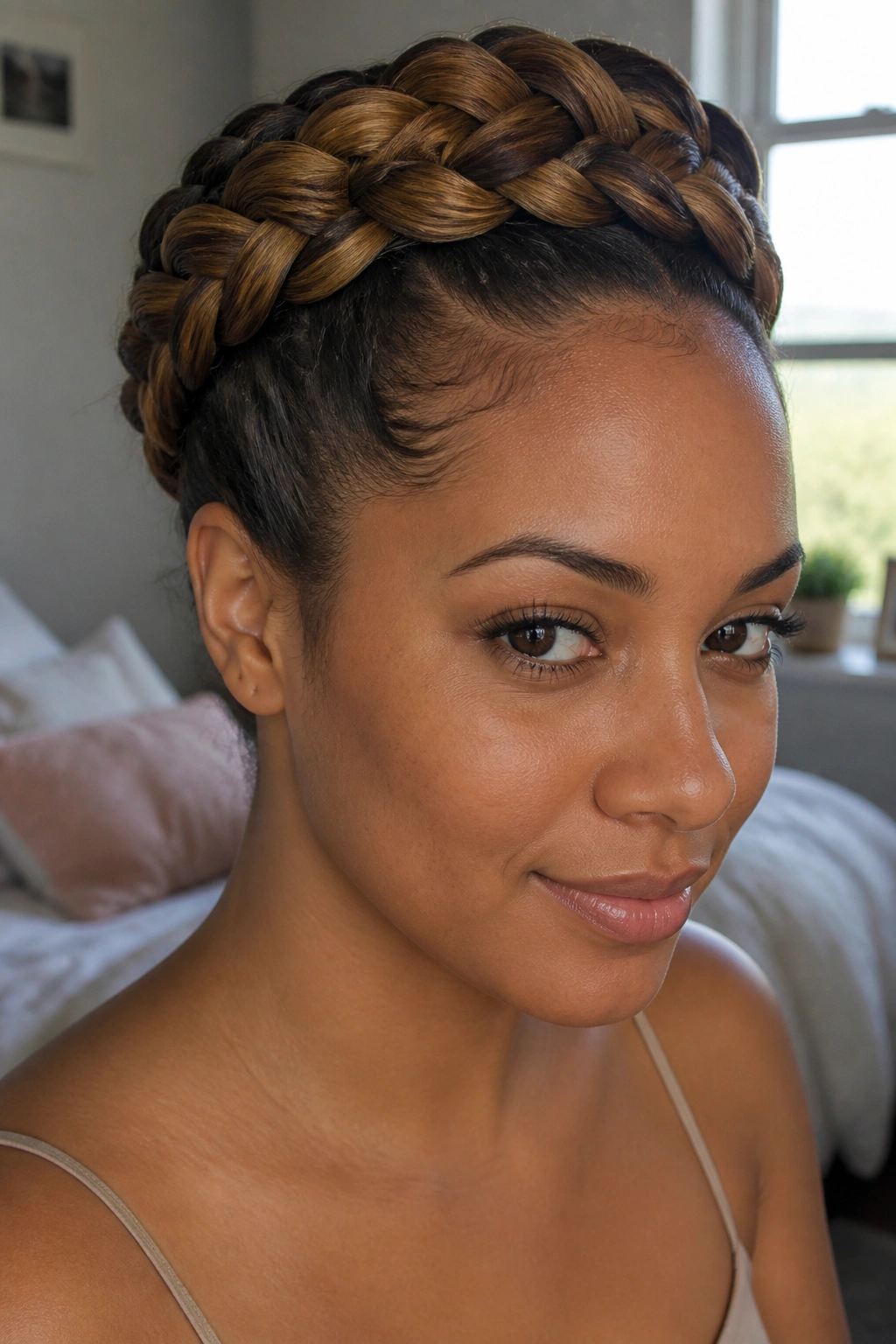 Close-up of a real woman's head showing a basket-weave crown braid with textured panels