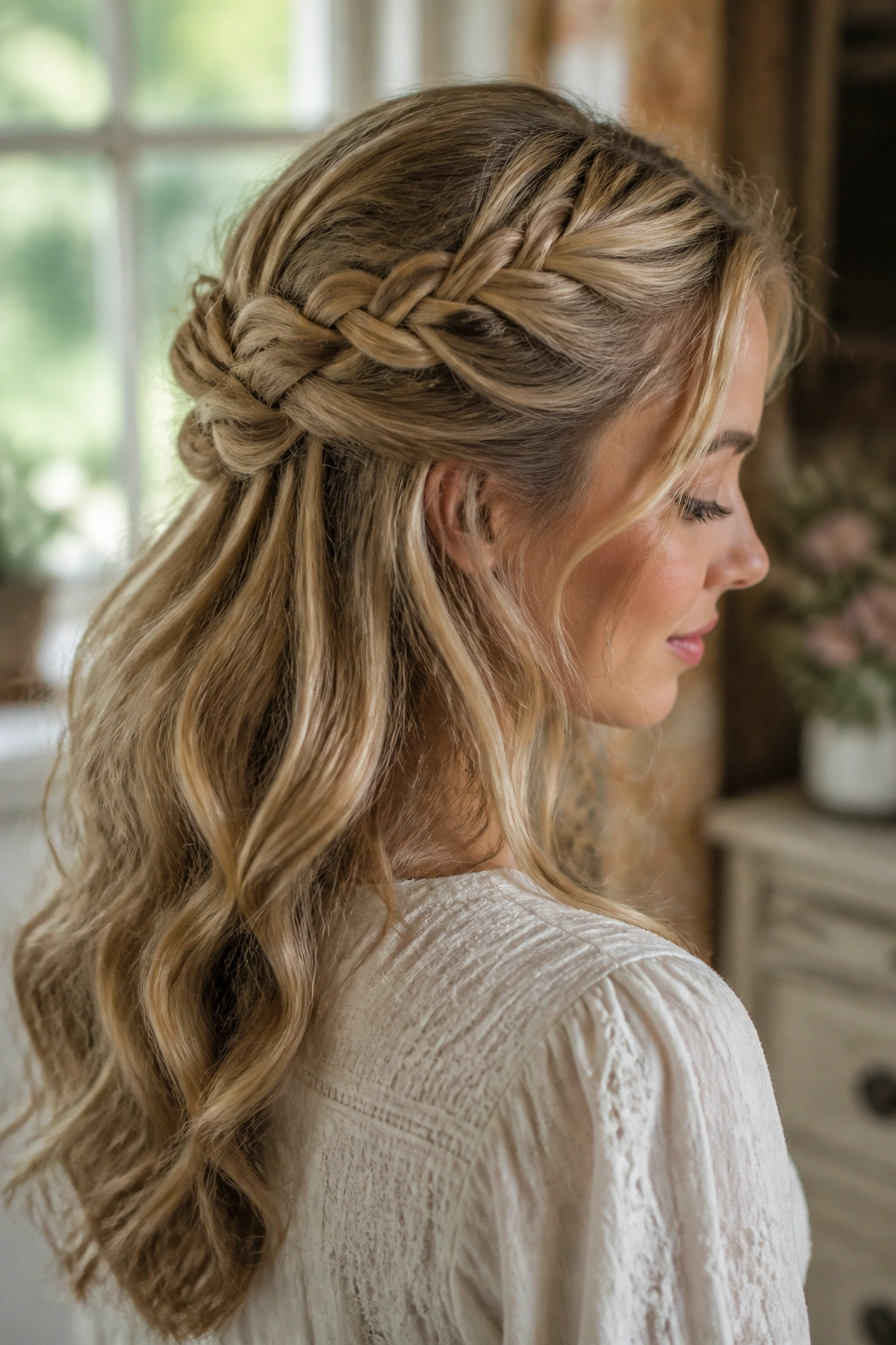 Close-up of a real woman with a basket-weave half-up hairstyle and tucked ends.