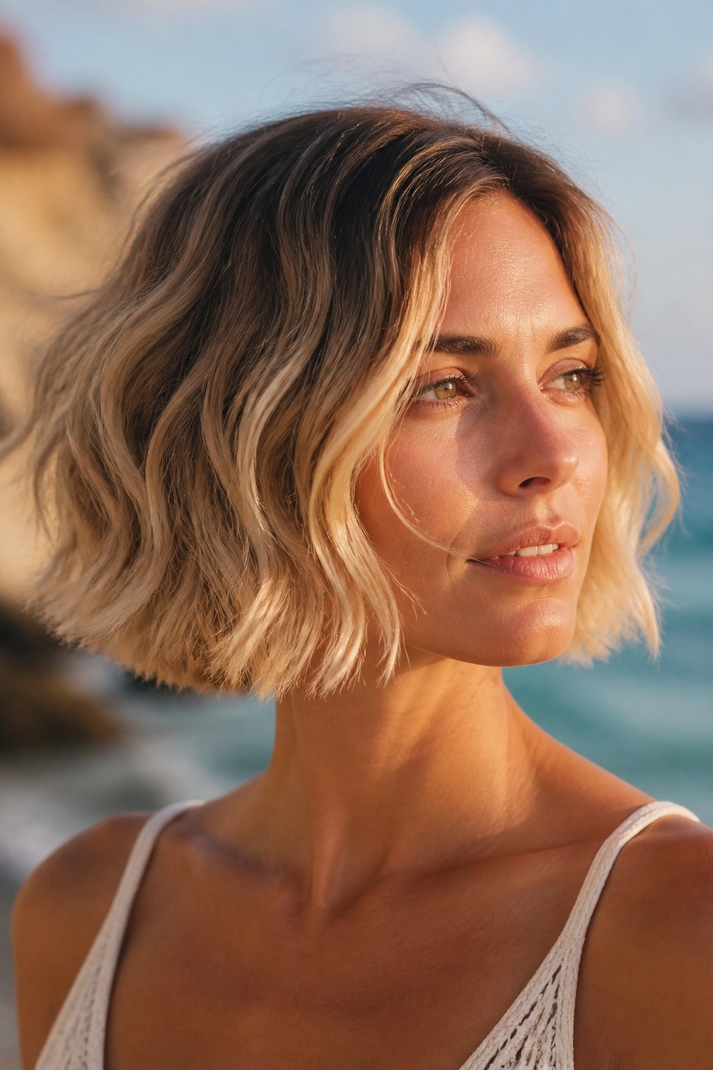 Close-up of a real woman with a wavy beach blonde bob and grown-in ends by the sea