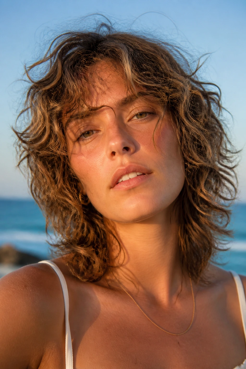 Close-up of a real person with air-dried beachy waves on a sunny beach