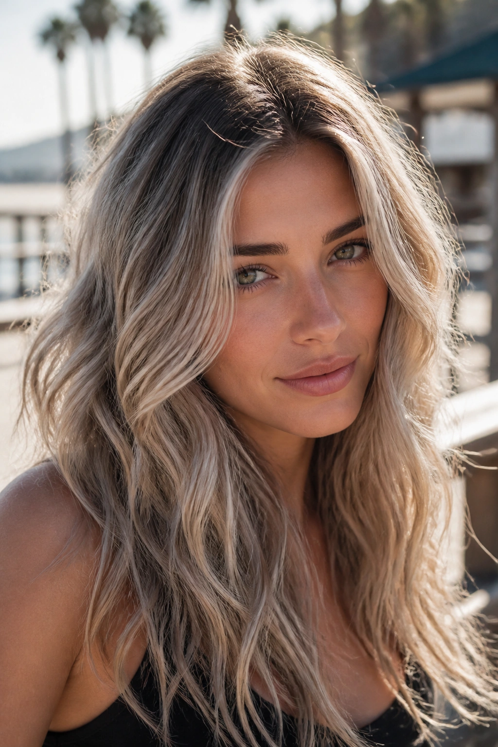 Close-up portrait of a real woman with beach-wave ash blonde hair