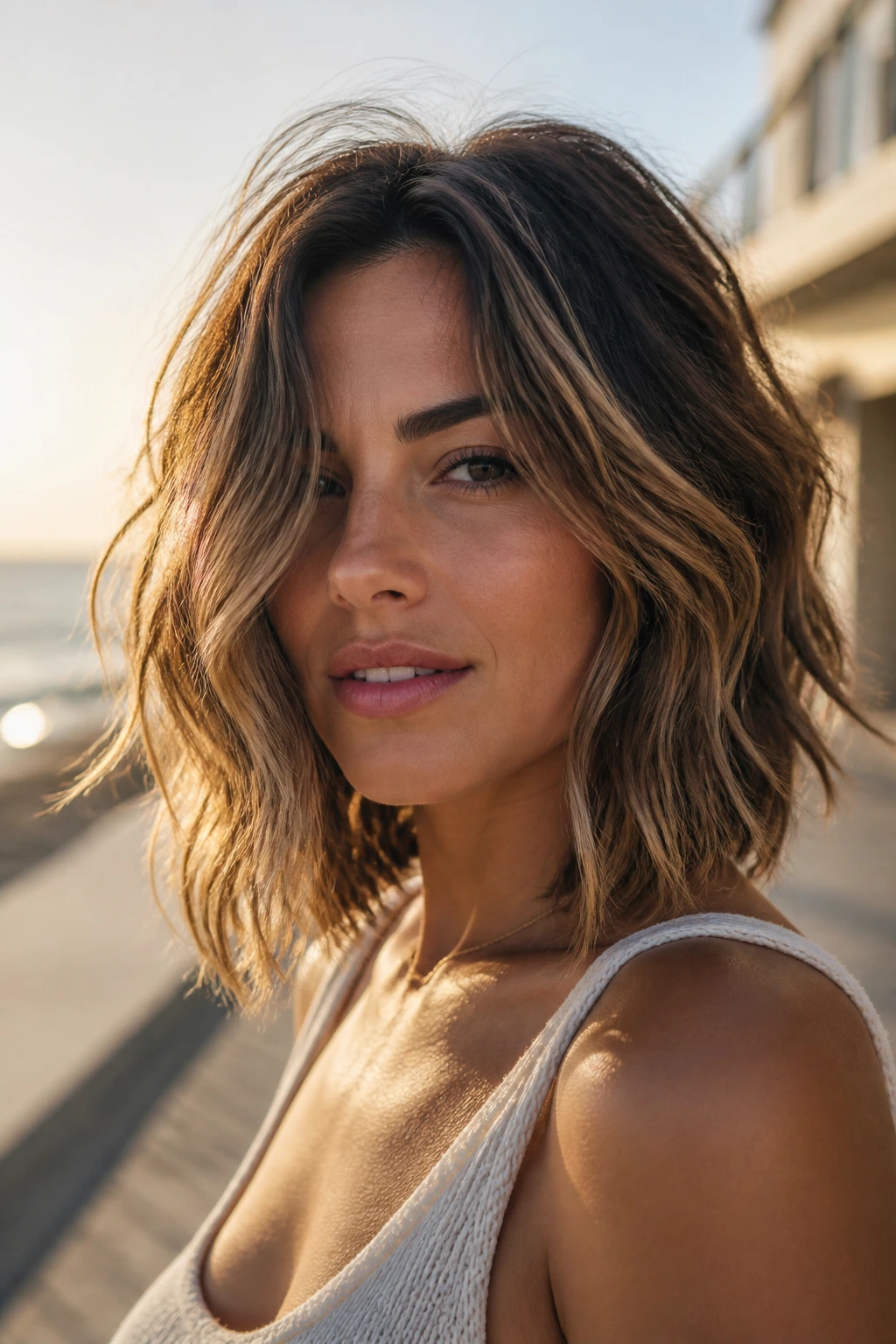 Portrait of a woman with messy beach-wave lob at collarbone in sunlit beach setting