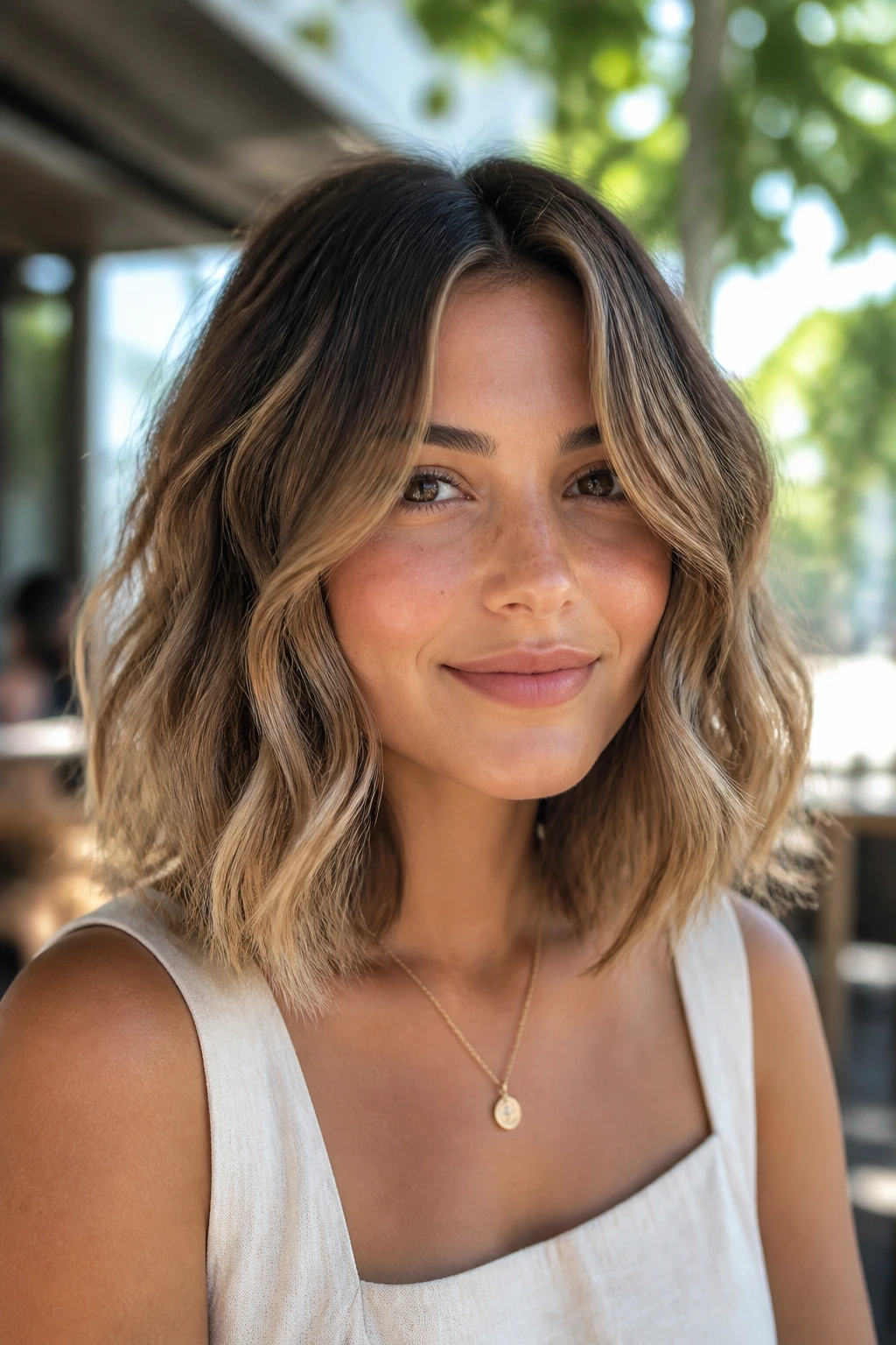 Portrait of a woman with beach wave lob hairstyle in sunny outdoor setting.