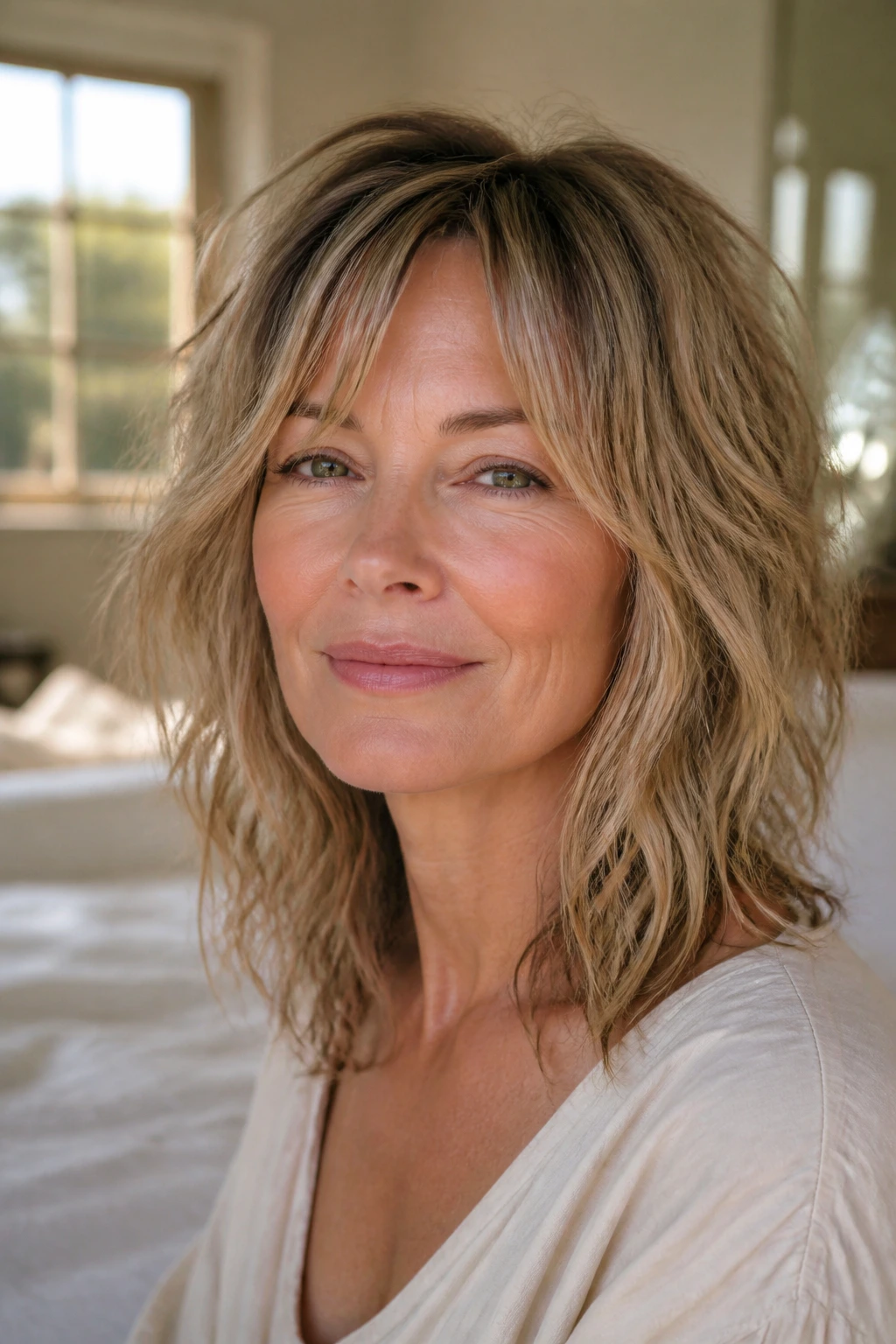 Close-up of a woman with beach wave shag in a sunlit bedroom.
