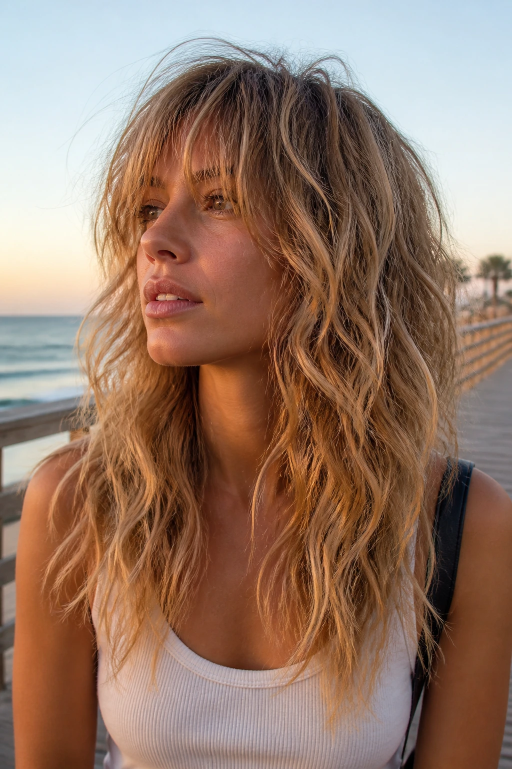 Portrait of a real person with beach-wave shag featuring relaxed, sun-kissed waves.
