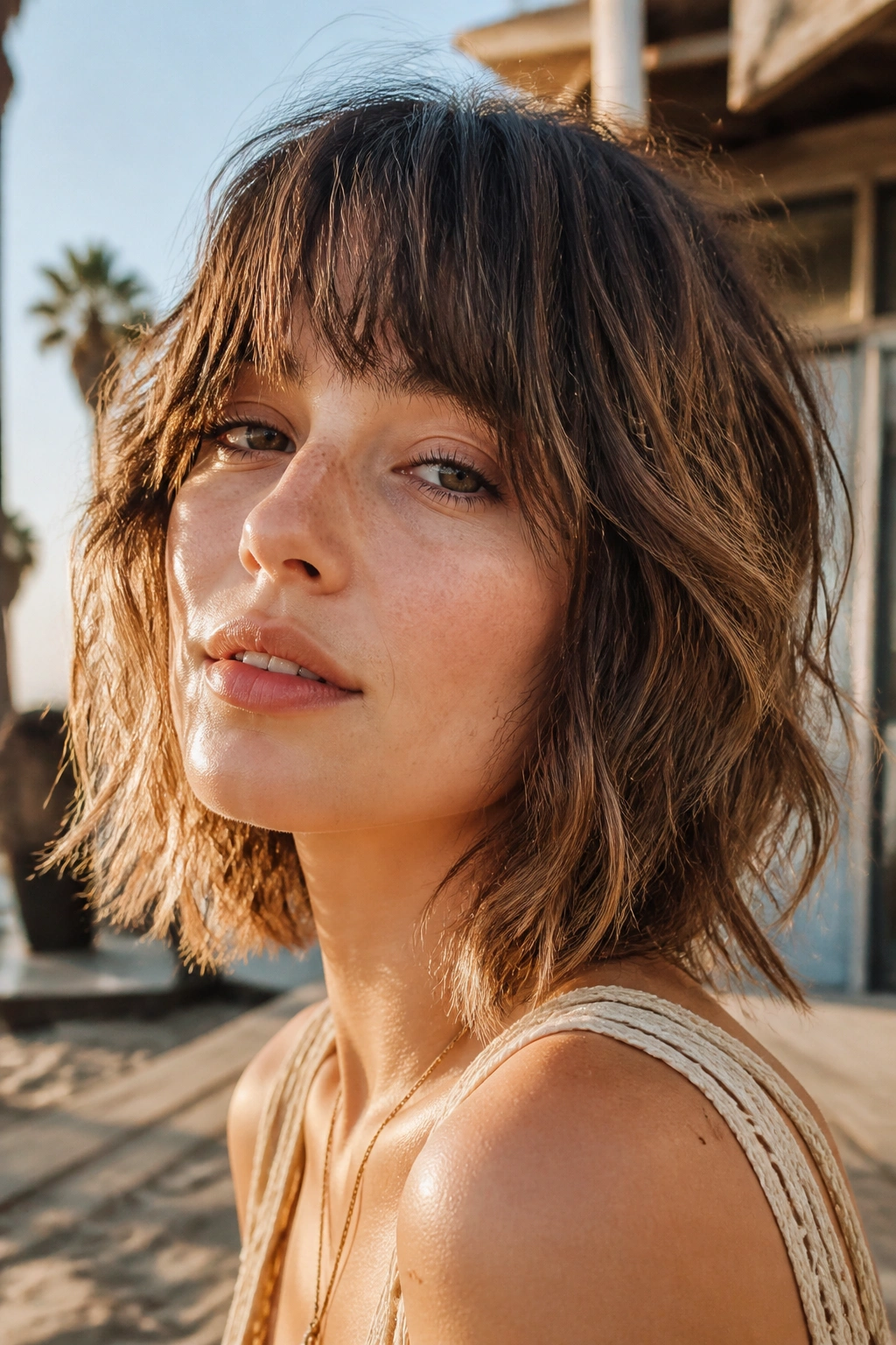 Real person with beach-wave wolf cut bob outdoors in sunlight