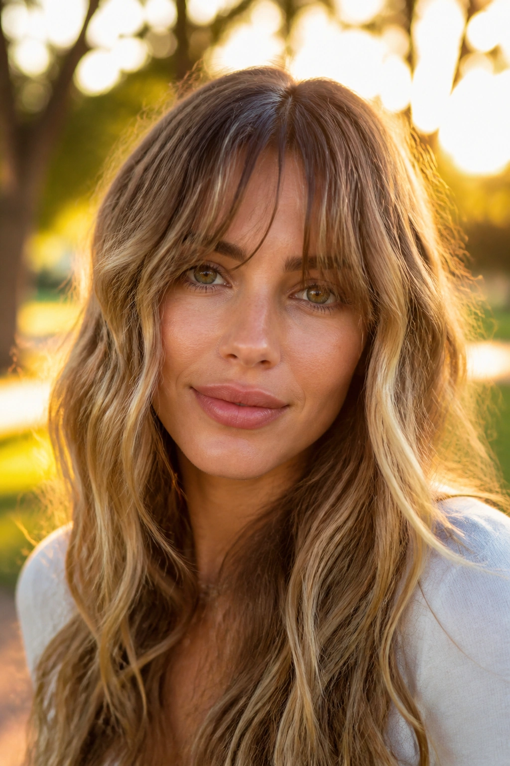 Close-up of a woman with beach waves and piecey wispy bangs