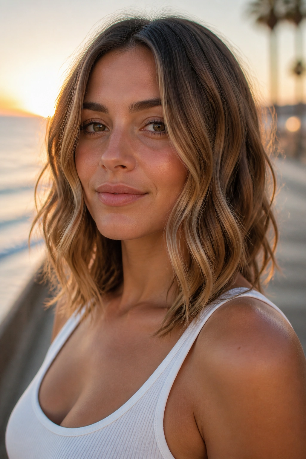 Close-up of real person with beachy waves and face-framing pieces by seaside during golden hour