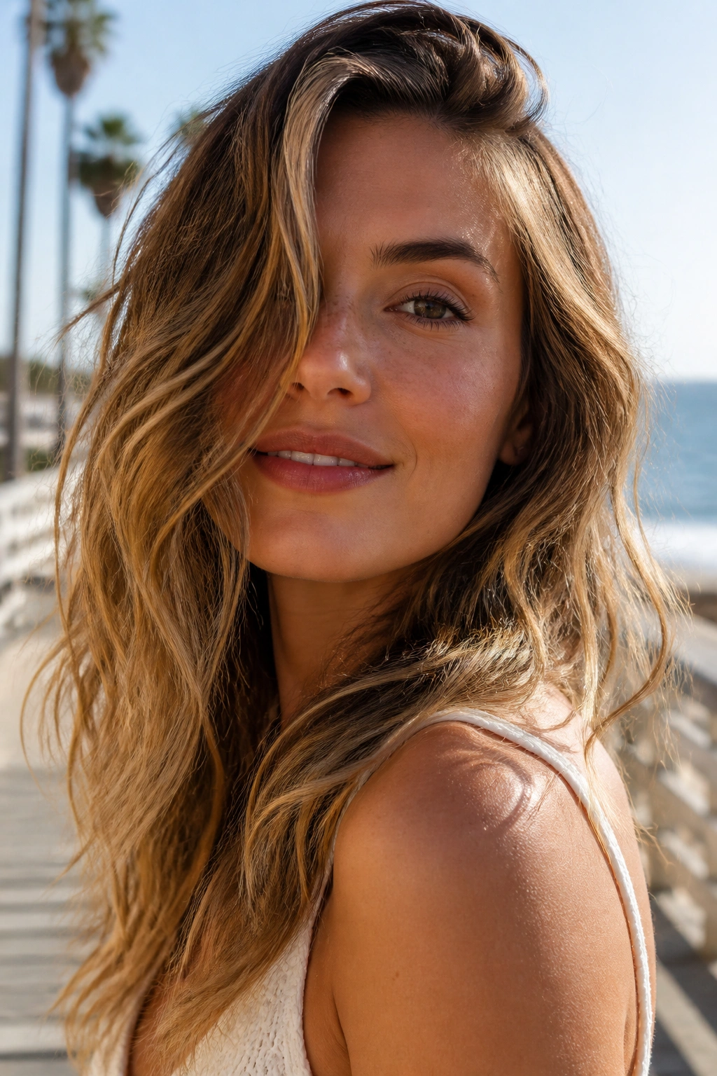 Portrait of a woman with tousled beach waves outdoors