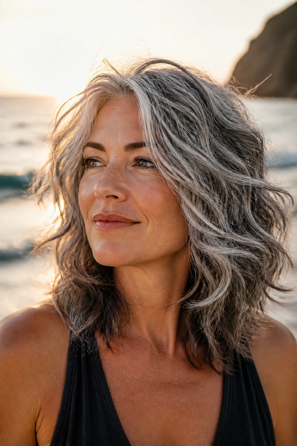 Close-up portrait of a real woman with salt-and-pepper beach waves on gray hair