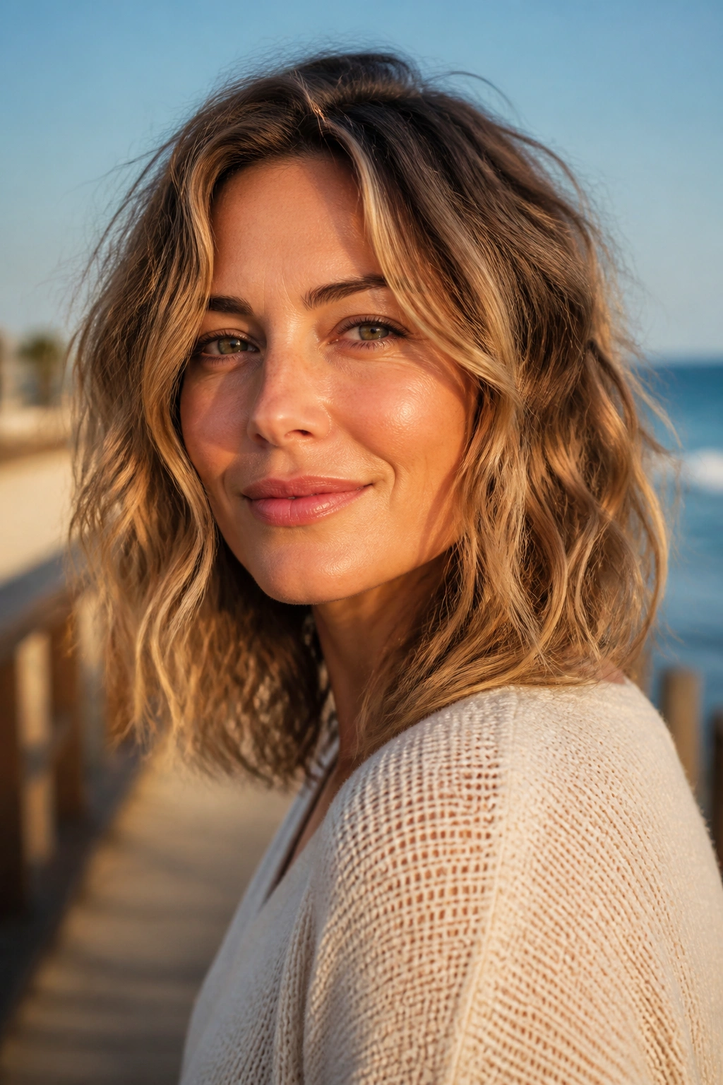 Real woman with tousled beach waves at the beach boardwalk in golden hour light.