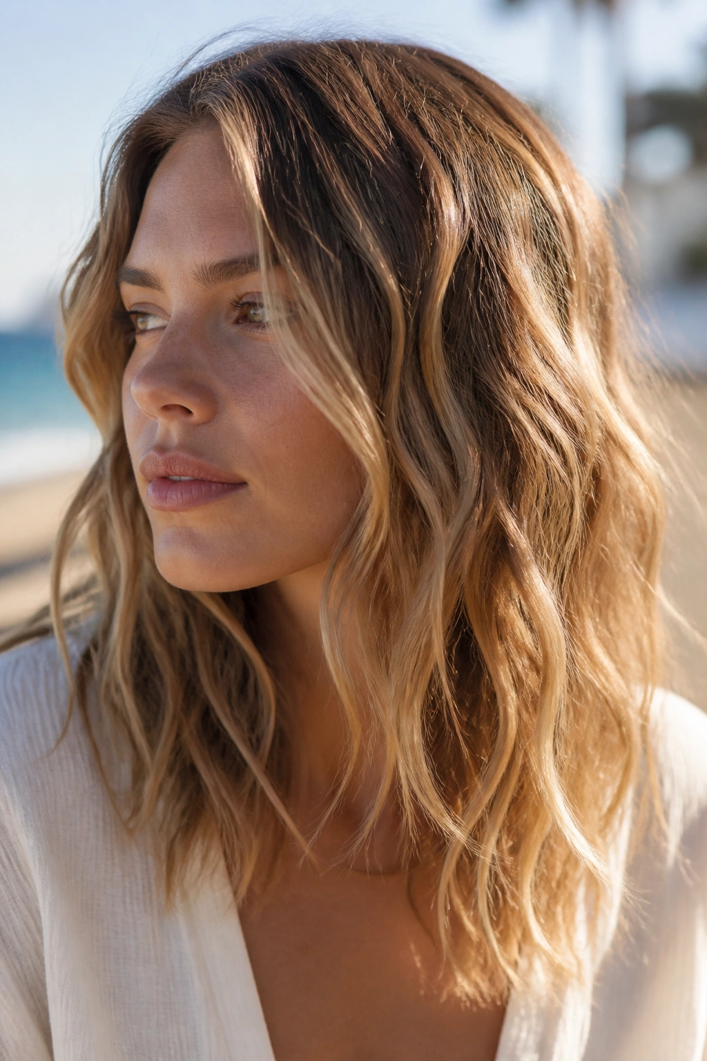 Real person with loose beach waves and unfinished ends in medium-length hair.