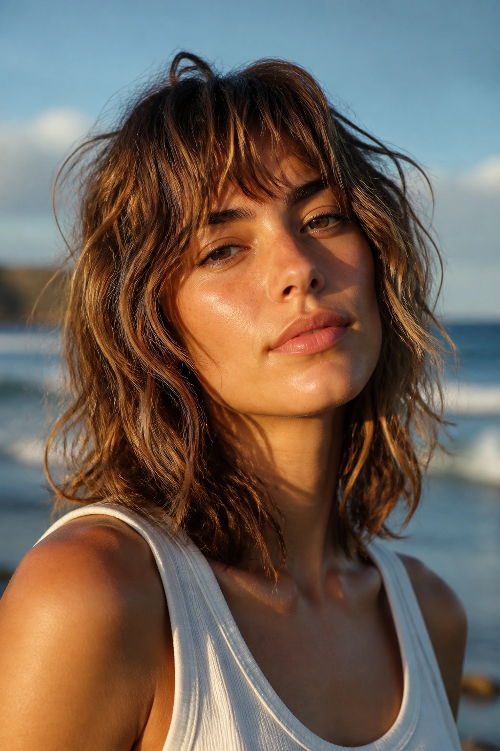 Close-up portrait of a real person with a beach-waved wolf cut, shoulder-length waves, seaside lighting