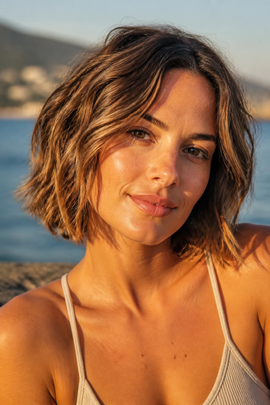 Close-up of a real woman with a beachy bob and piecey ends in warm sunlight.