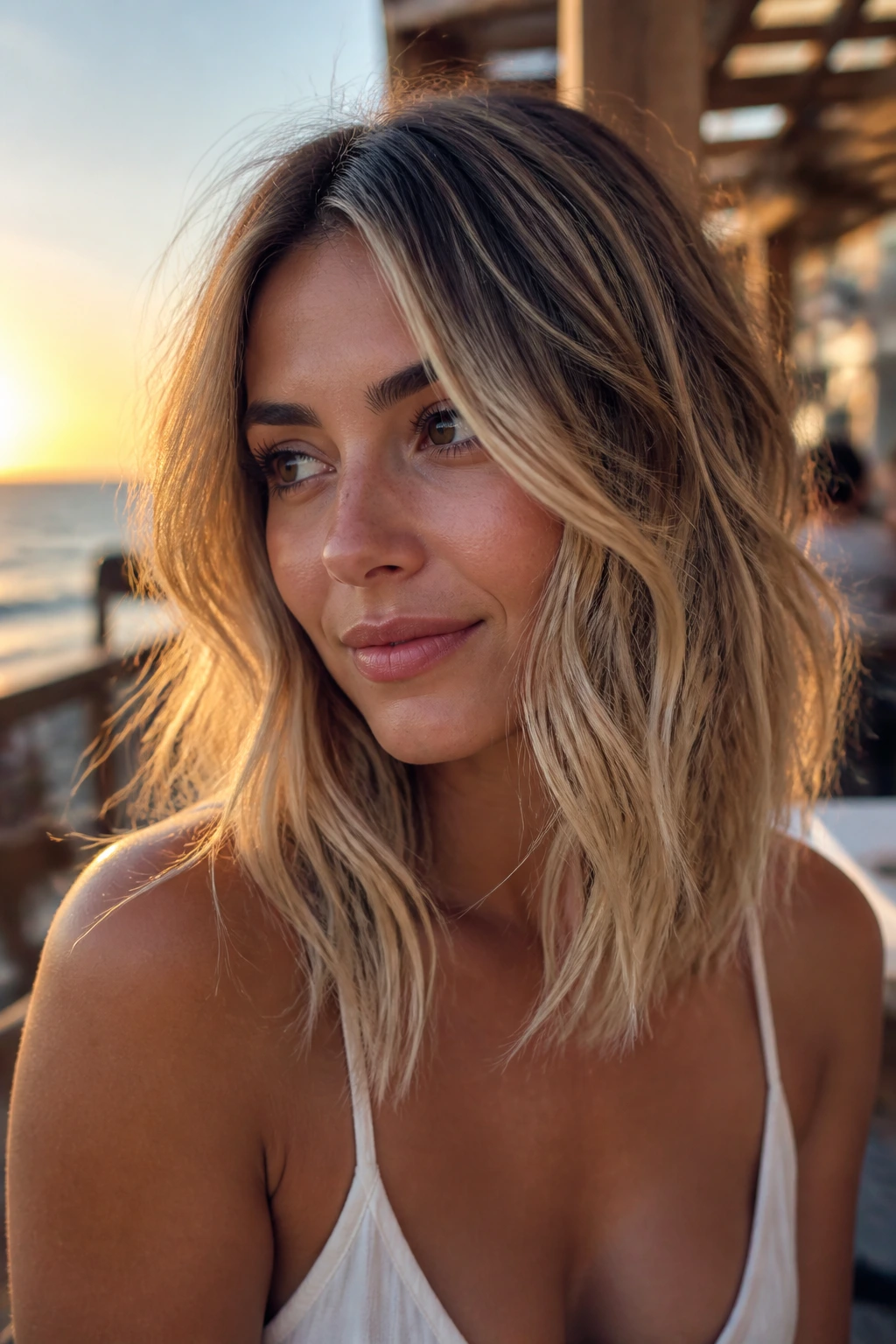 Portrait of a real person with a beachy lob and long front pieces at the seaside
