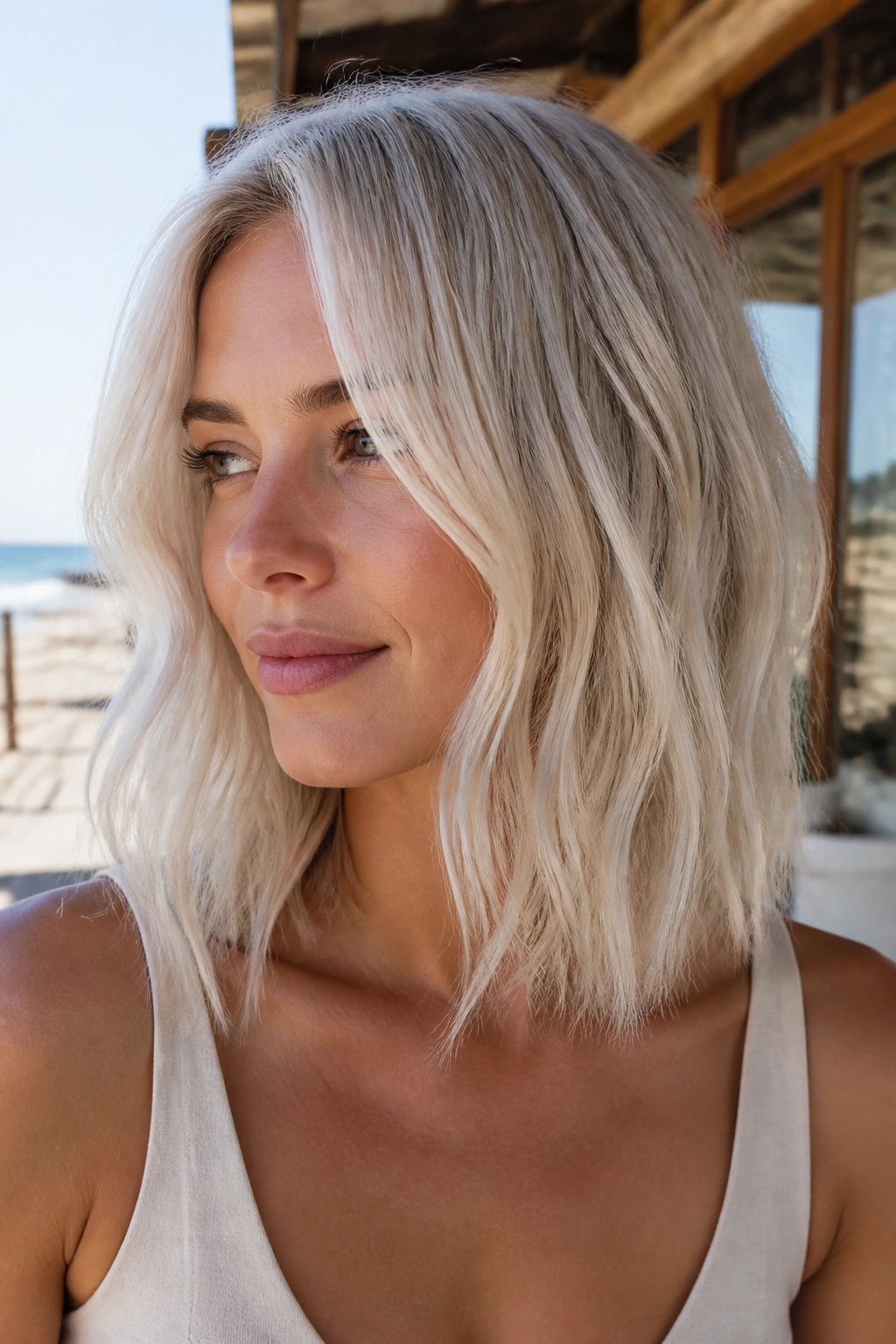 Portrait of a person with a beachy platinum lob and relaxed waves
